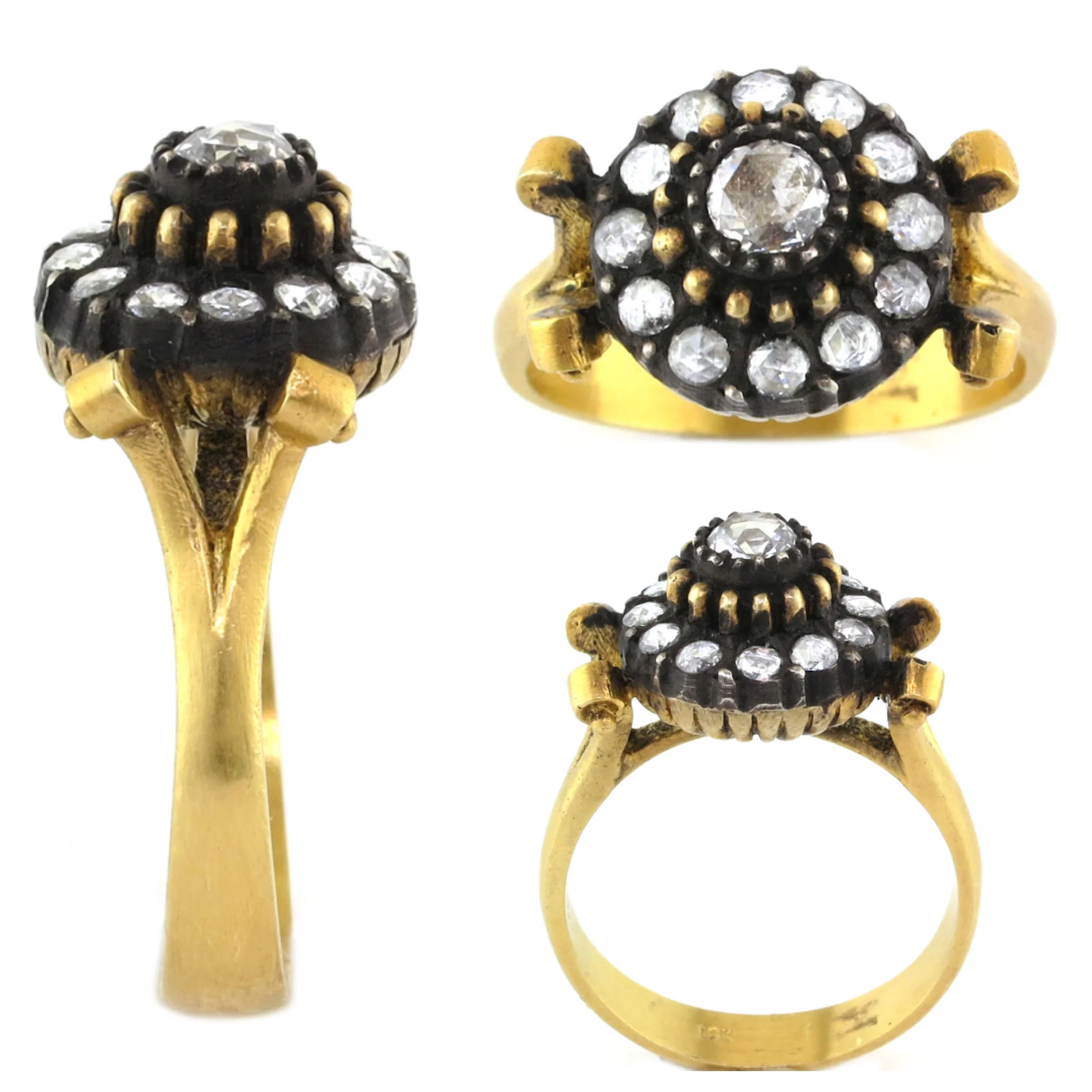 18 Karat Yellow Gold and 2.27 CT Rose Cut Diamond Ring, accented with Silver Patina and 0.68 CT Round Brilliant Diamonds