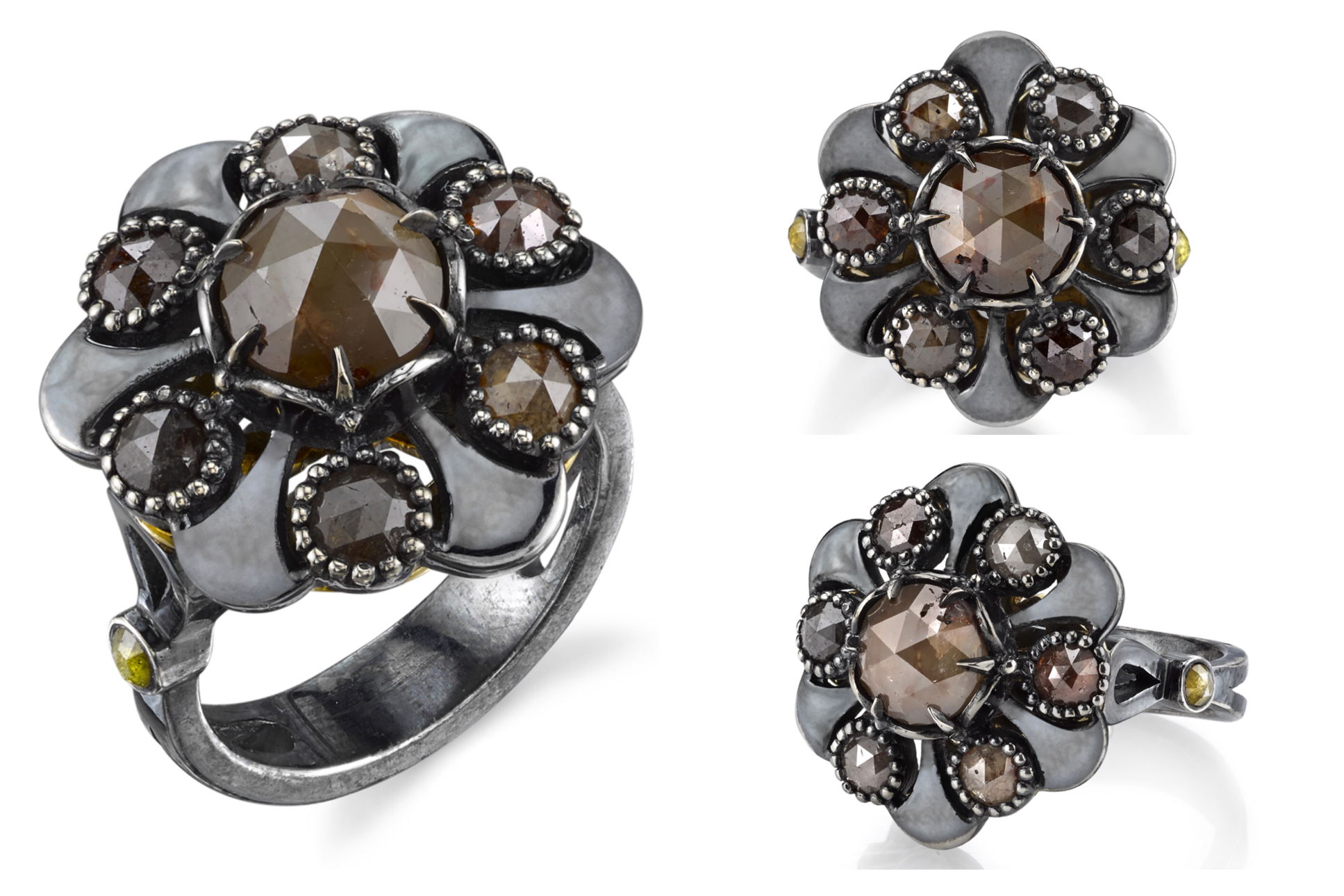 Rustic Diamonds set in Organic Silver and accented with 18 Karat Yellow Gold