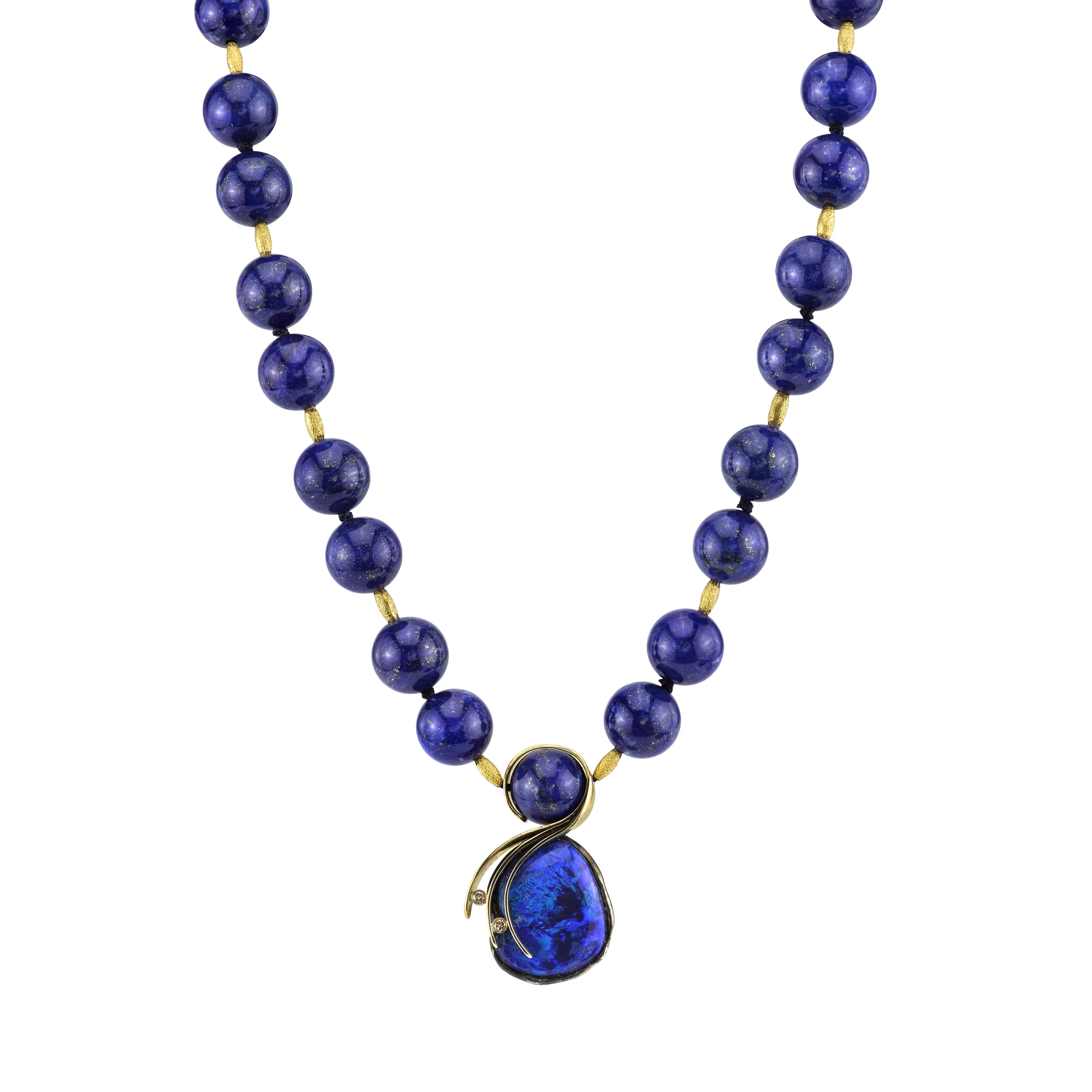 Lightening Ridge Opal Pendant accented with Diamonds, 18 Karat Yellow Gold, 18 Karat White Gold, and Organic Silver. 18 Karat Yellow Gold and Natural Lapis Lazuli Chain.