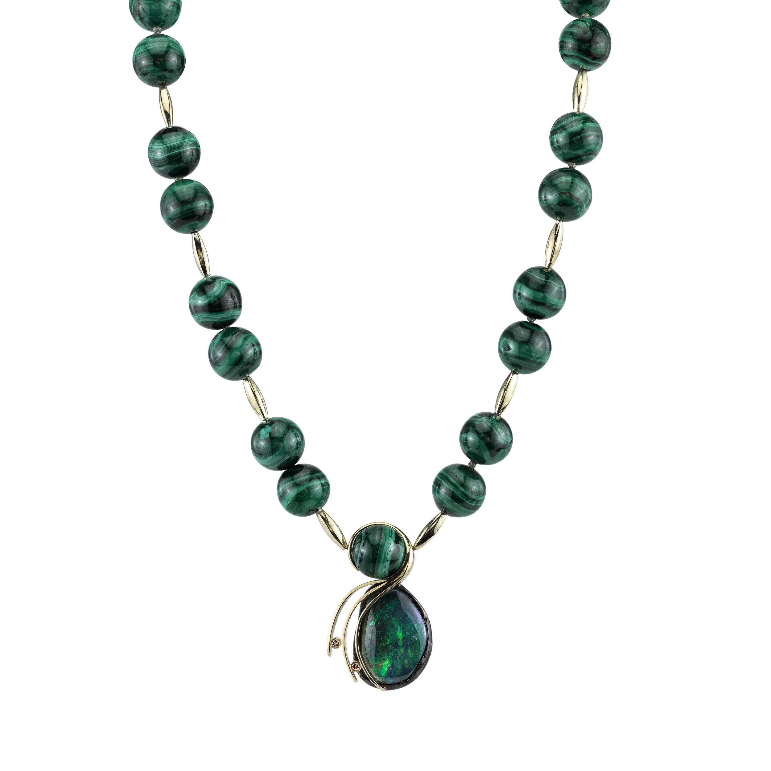 Lightening Ridge Opal Pendant accented with Champagne Diamonds, Yellow Gold, and Organic Silver. Yellow Gold Chain studded with Natural Malachite Beads