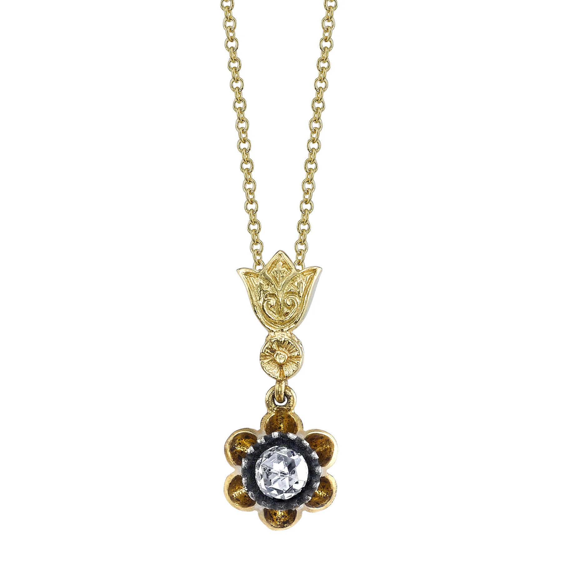 18 Karat Yellow Gold Necklace with a 0.20 CT Rose Cut Center Diamond, accented with an Antique Silver Patina Finish
