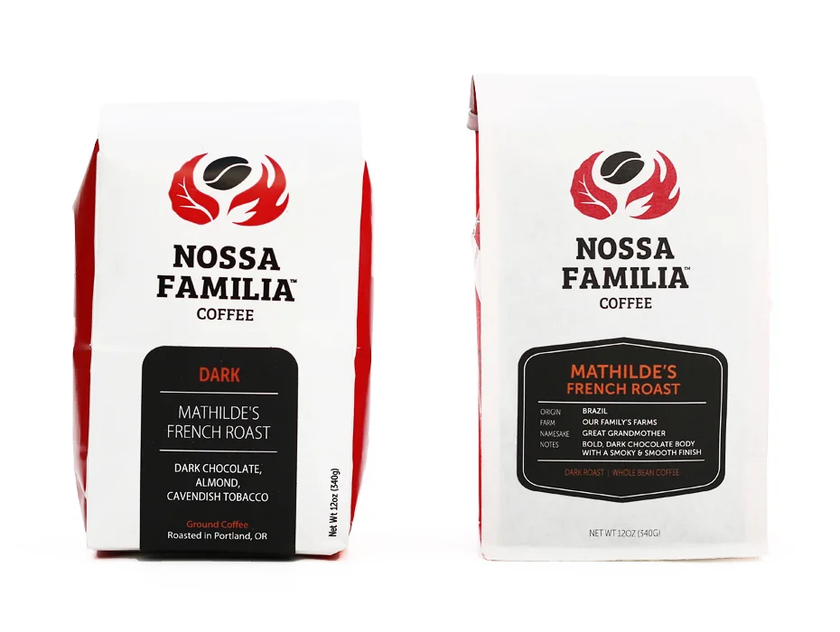 Our old (left; paper) & new (right; Biotre) 12oz coffee bags side-by-side from the front.