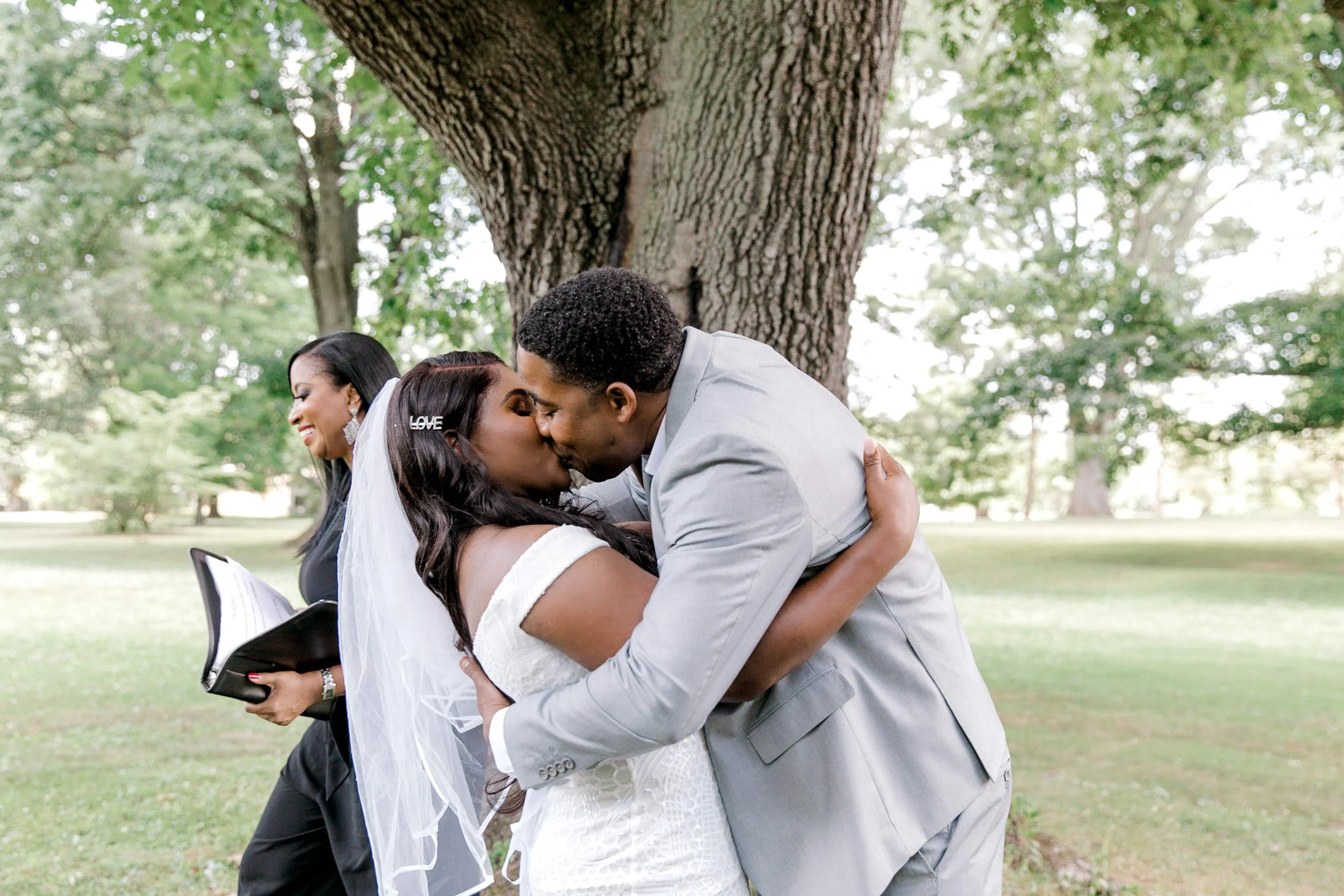 First kiss after an outdoor elopement ceremony in Morris County New Jersey