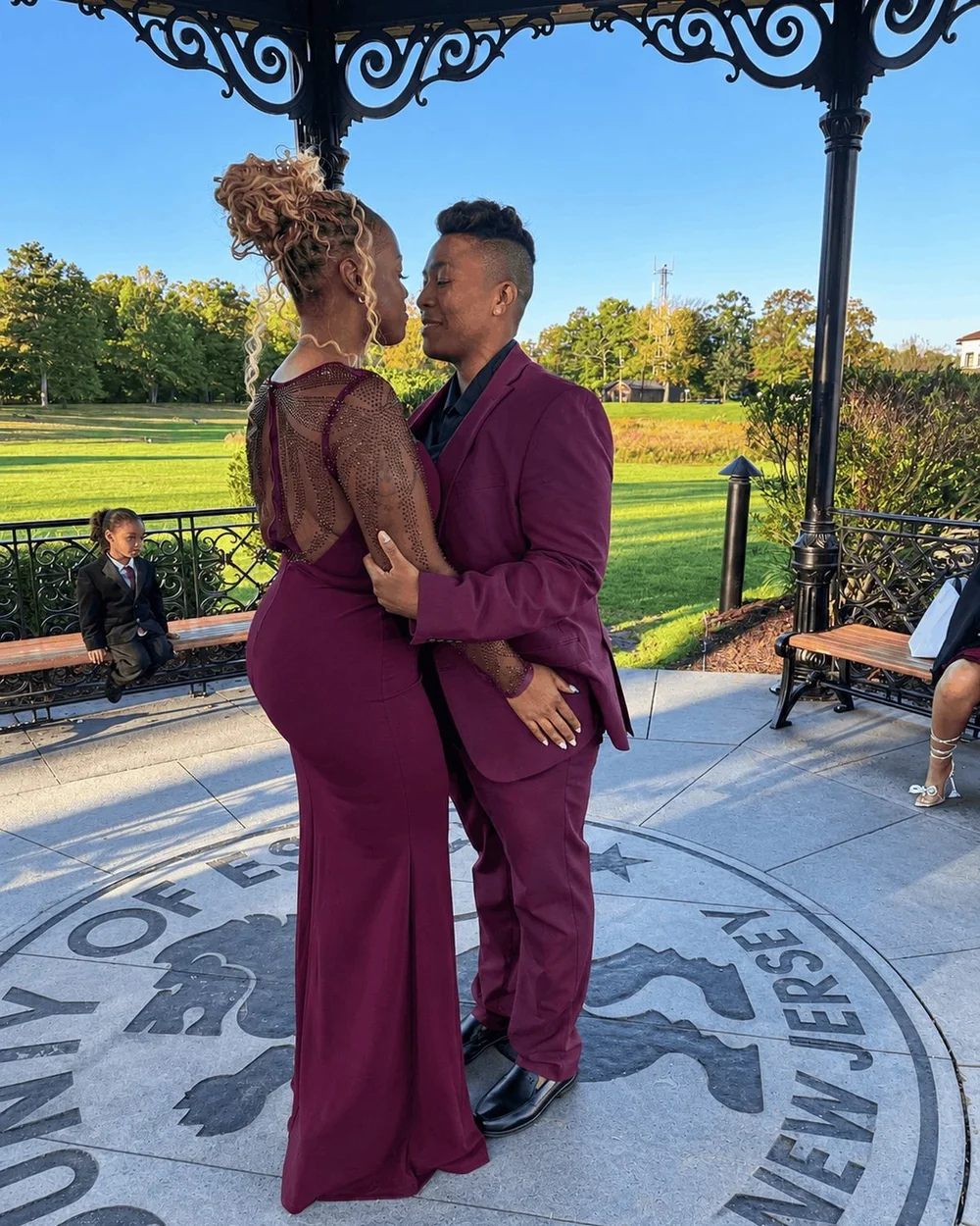 Tiffany and Tanell embrace under the gazebo at Eagle Rock Reservation in West Orange, NJ