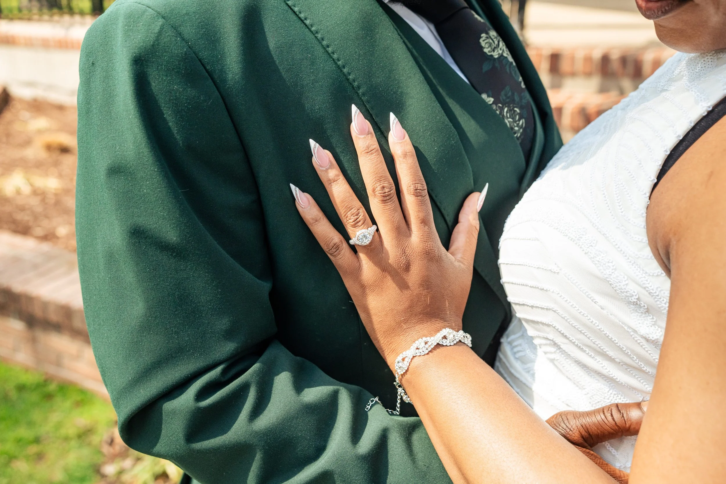Close-up of bride’s engagement ring during an intimate elopement in Westfield, New Jersey
