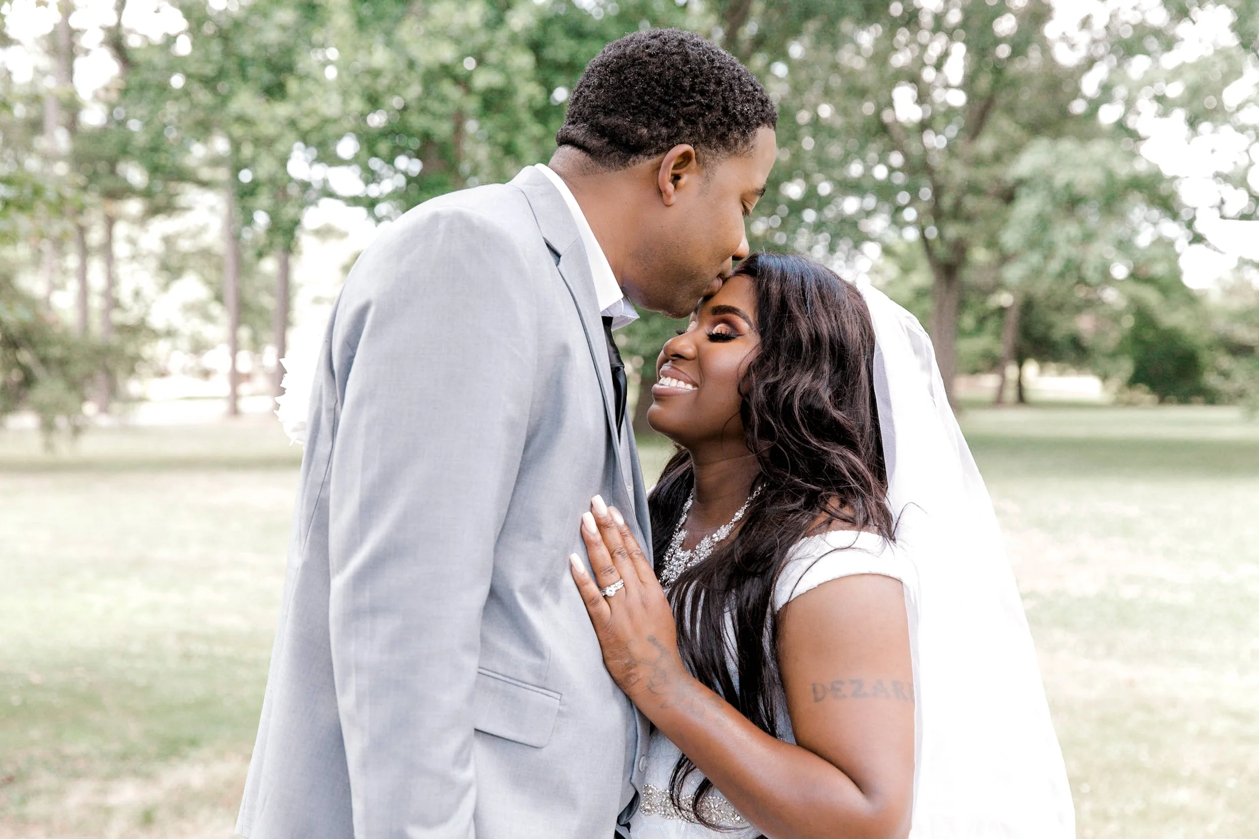 Newly married couple sharing a quiet moment during an outdoor elopement in Morris County New Jersey