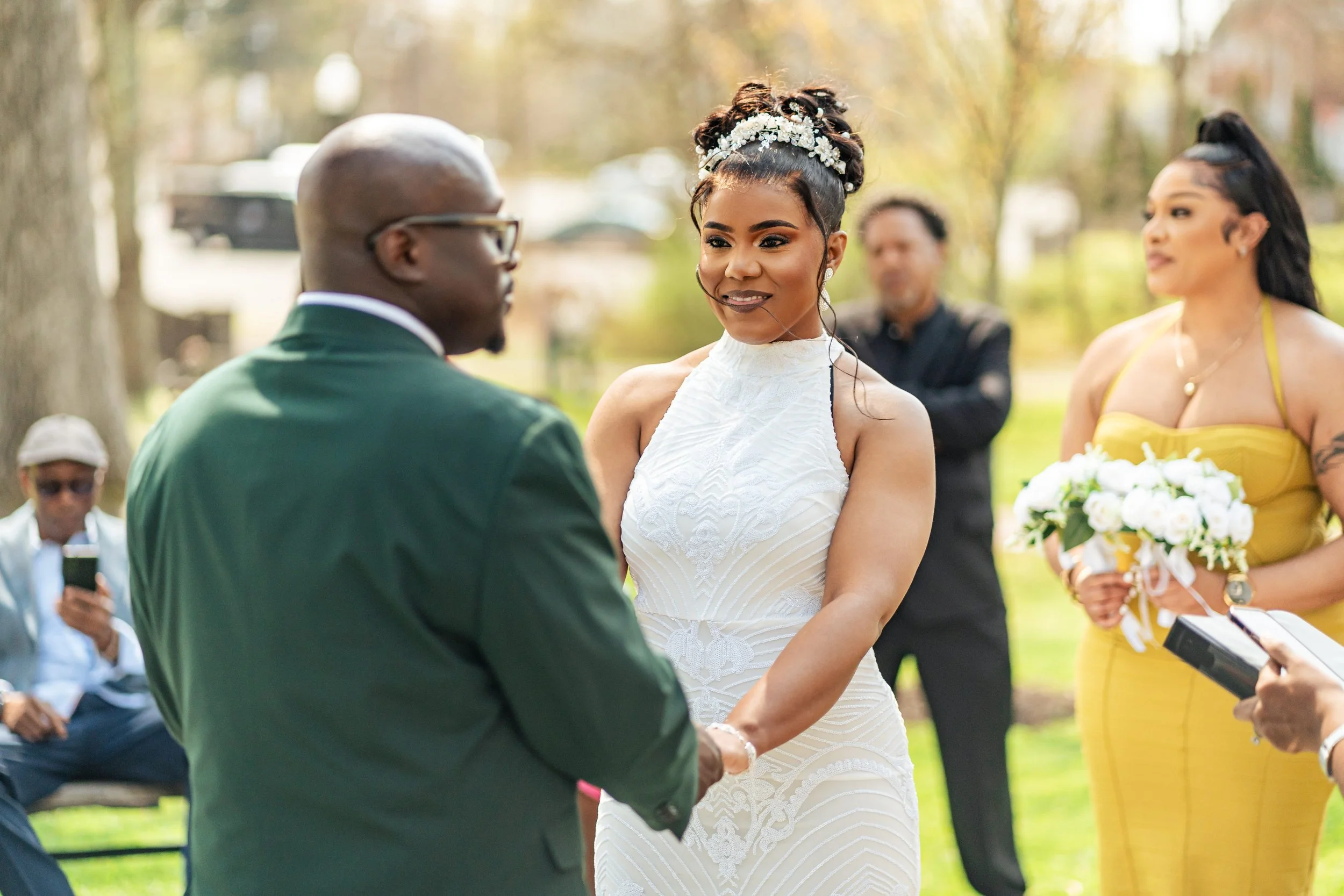 Bride and groom exchanging vows during their intimate elopement ceremony at Mindowaskin Park in Westfield, New Jersey