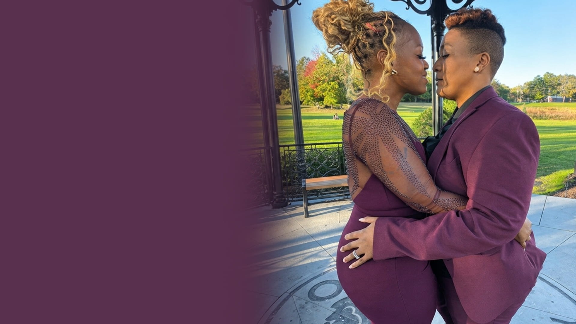 Tiffany and Tanell sharing an intimate moment beneath the gazebo at Eagle Rock Reservation in West Orange, NJ on their wedding day.