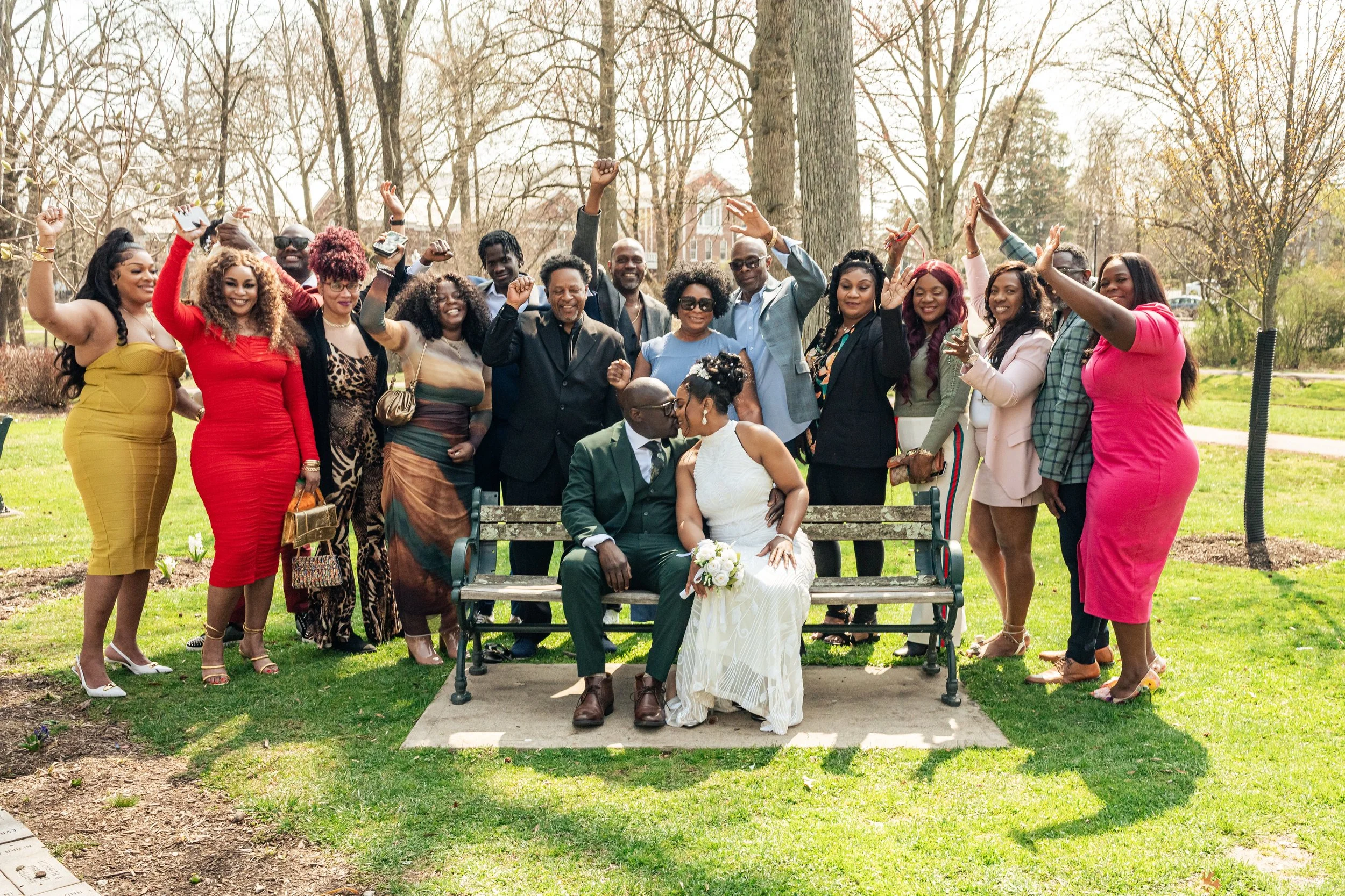 Bride and groom celebrating with family and friends after their elopement ceremony at Mindowaskin Park in Westfield, New Jersey