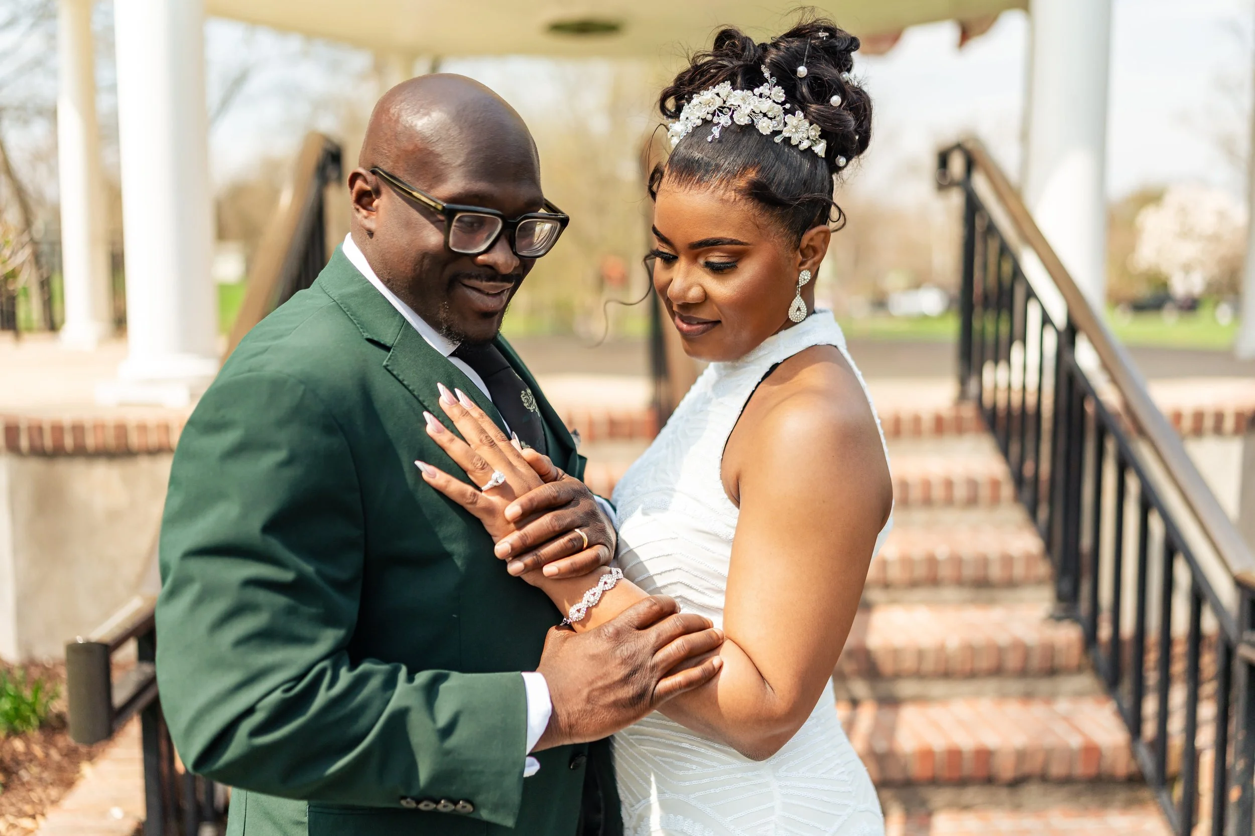Close-up portrait of bride showing her wedding ring during a Mindowaskin Park elopement in Westfield, New Jersey