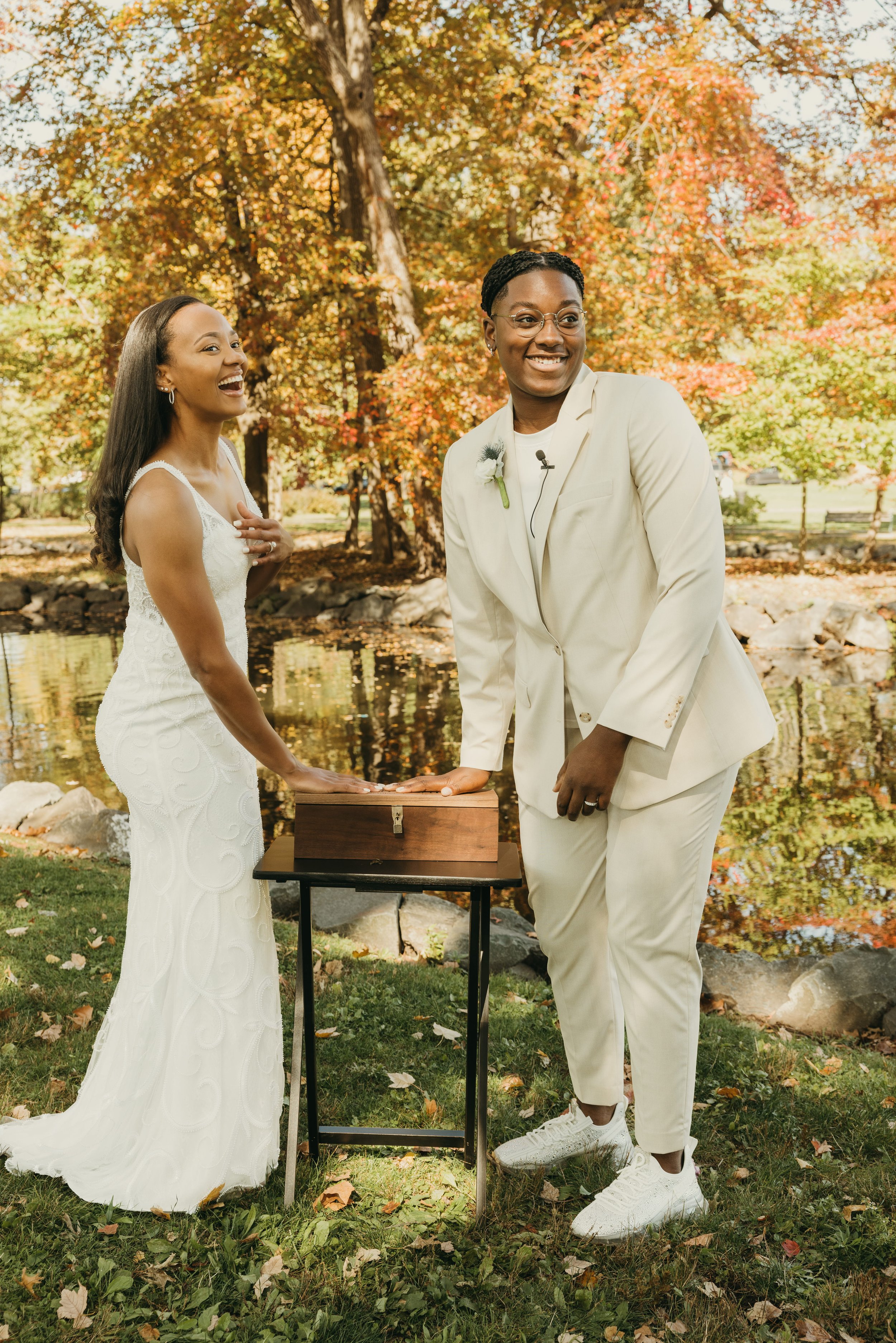 Jaide and Amiaya perform a Wine Box Ritual during their intimate elopement ceremony at Mindowaskin Park in Westfield, NJ.
