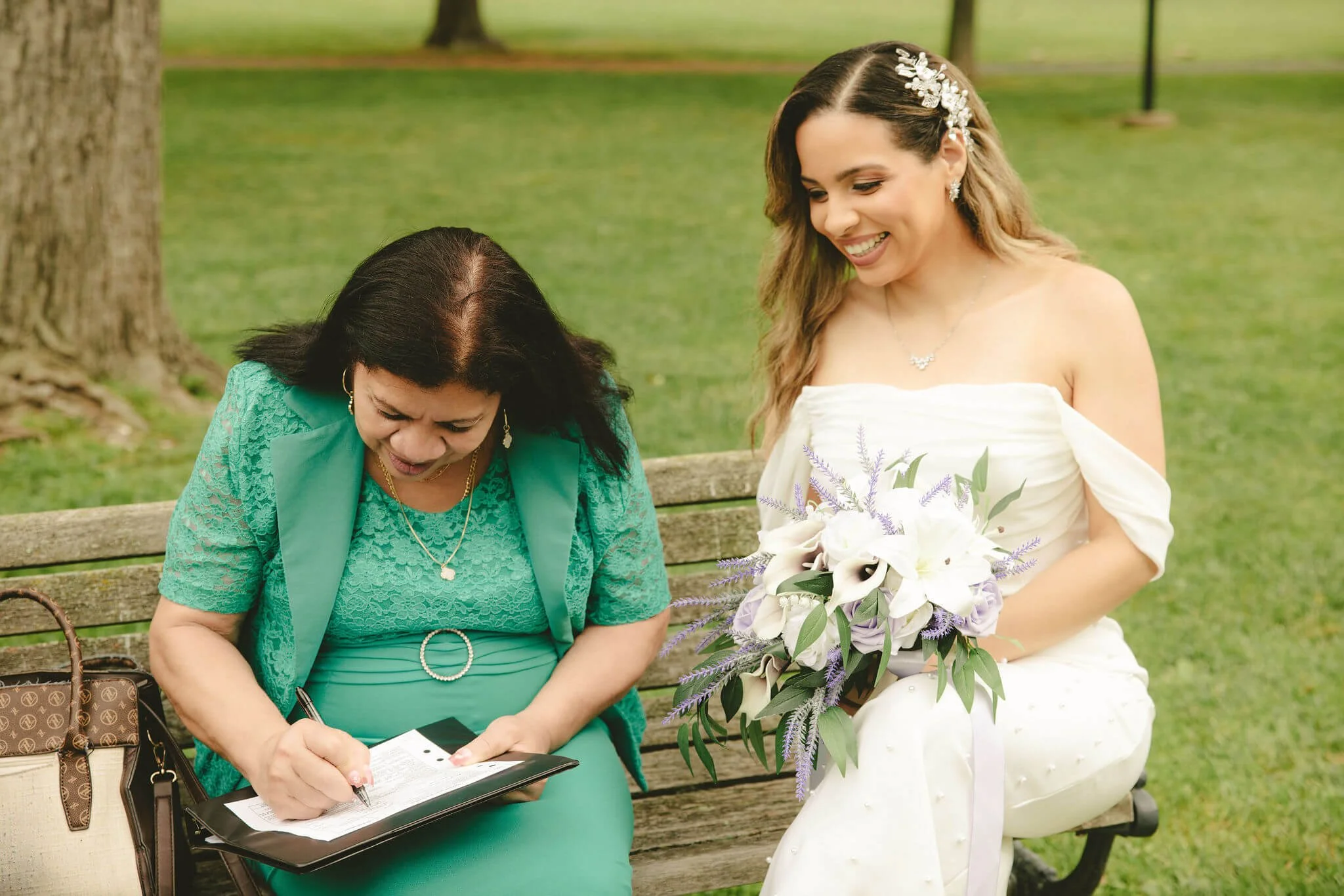 Bride's mother signing the marriage license as a witness in Westfield, New Jersey