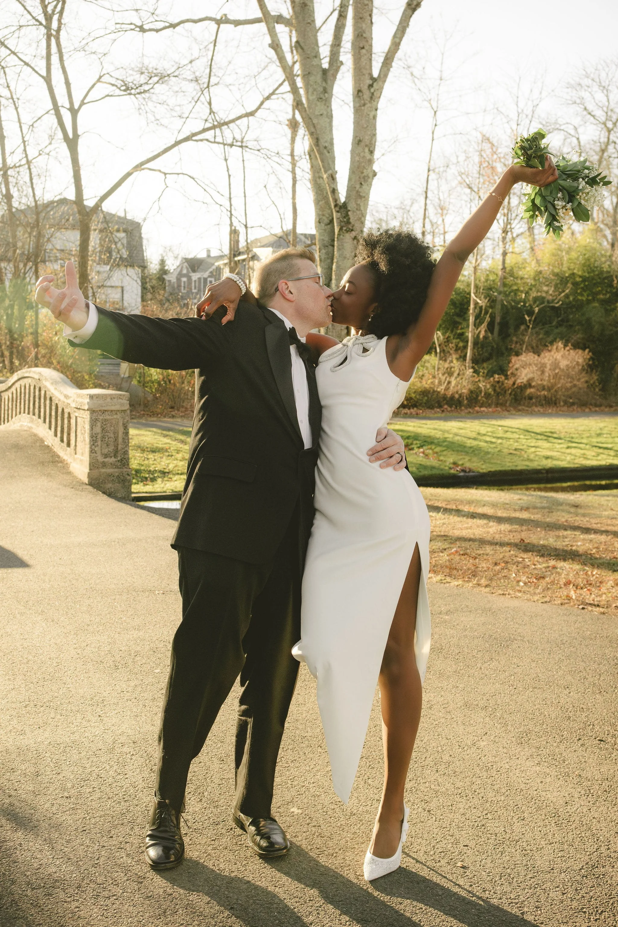 Newlywed couple celebrating after their rush wedding in Westfield, New Jersey.