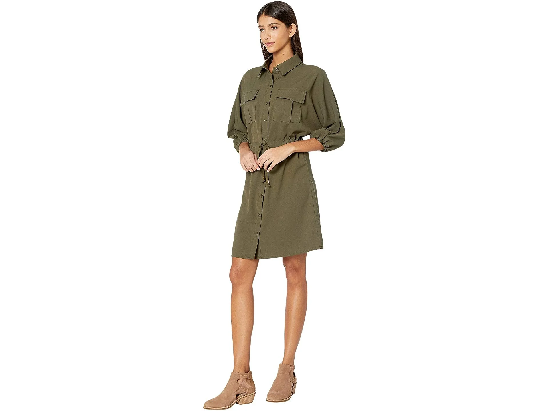 olive green safari dress Safari Shirt Midi Dress with Tie Belt main image 1