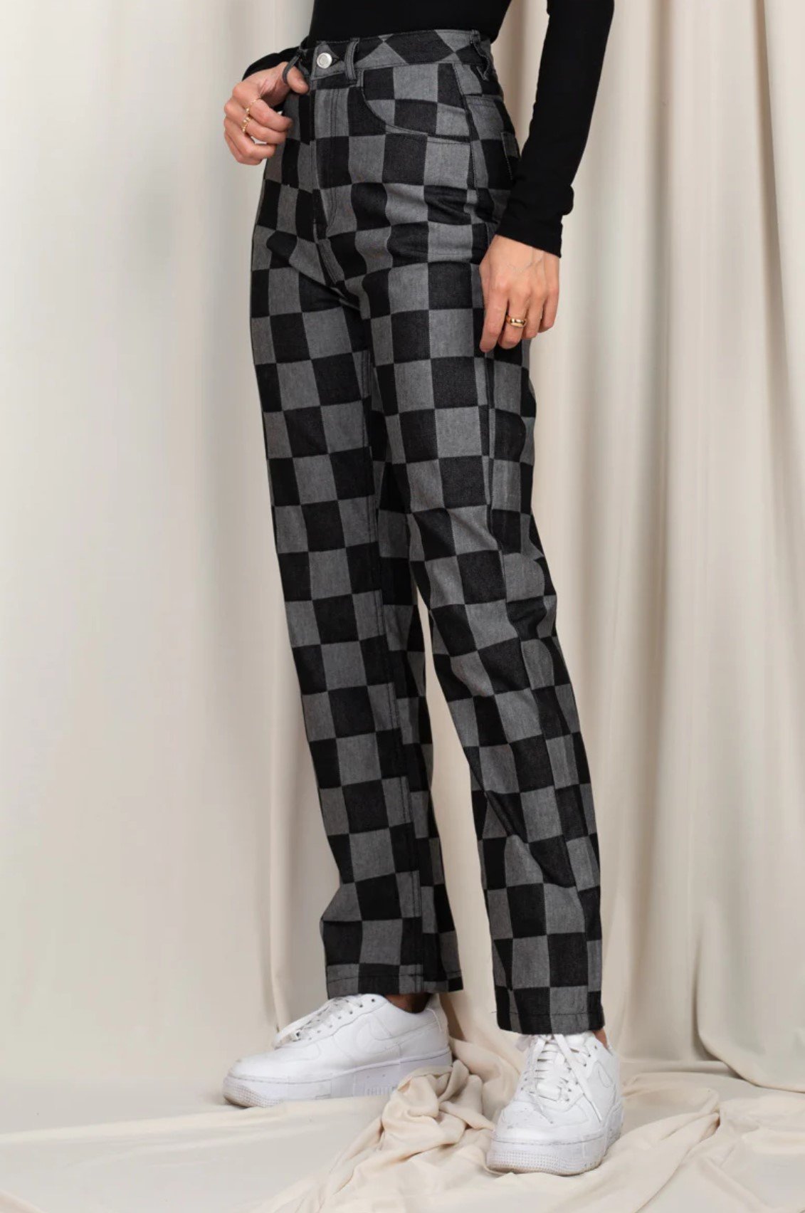 Checkered Jeans in Black — CARY LANE