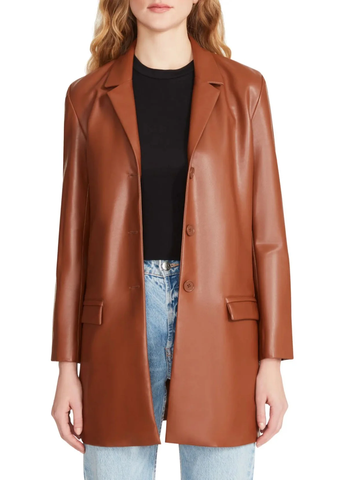 Steve Madden Faux Leather Boyfriend Blazer in Cognac  CARY LANE