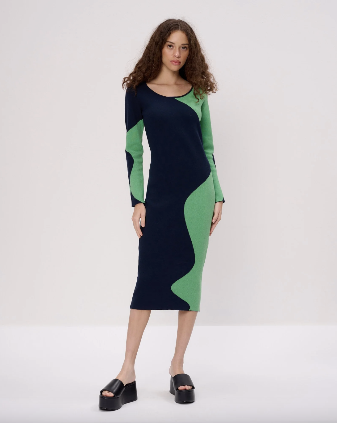 green emerald velvet dress Green Knit Dress Long Sleeve Midi main image 0