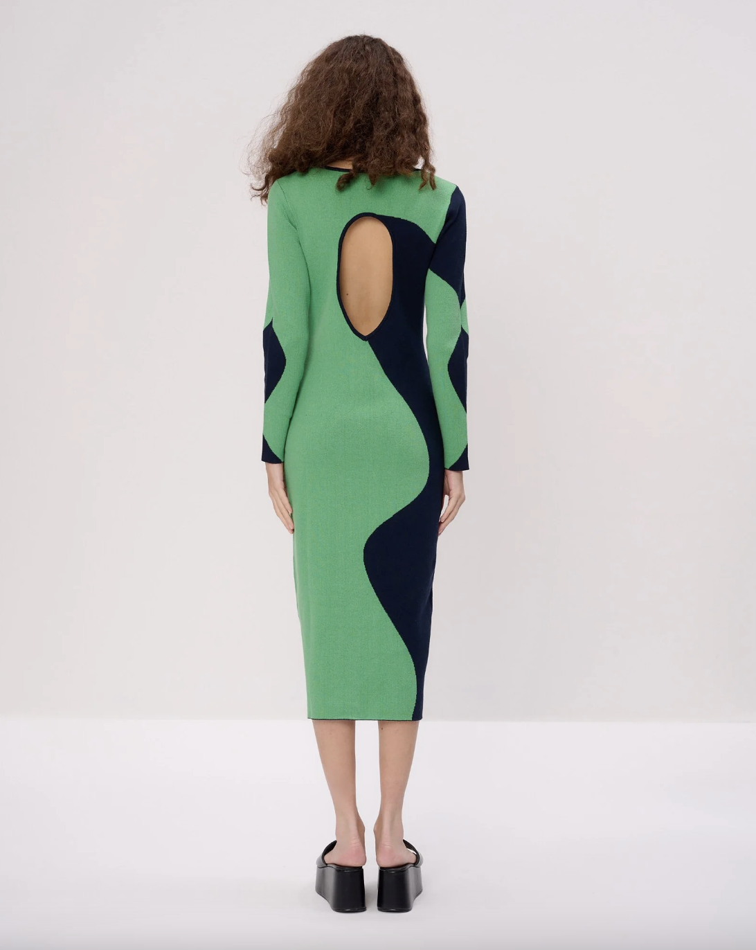 Another Girl Wavy Knit Midi Dress in Navy/Green  CARY LANE