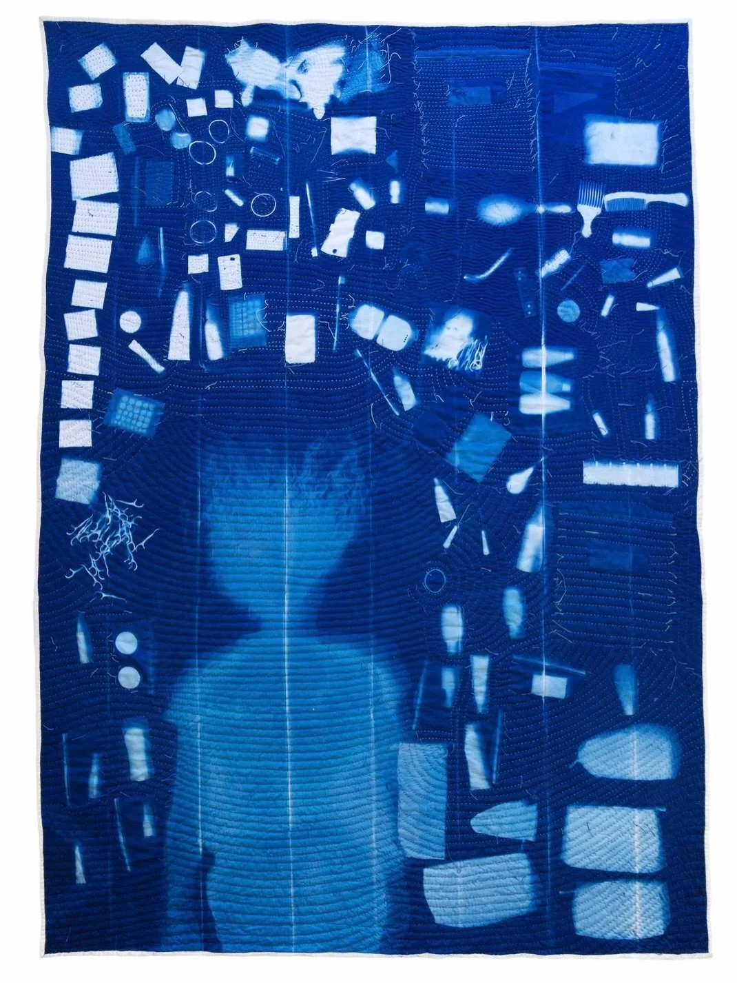 Hi Friends! I&rsquo;ve gotten behind sharing my work on here. 🩵💙 I completed this quilt in the fall: Abundance Study no. 2 

It&rsquo;s a cyanotype of me alongside my abundant supply of travel toiletries, on my last trip with @southwestair, with 🧳