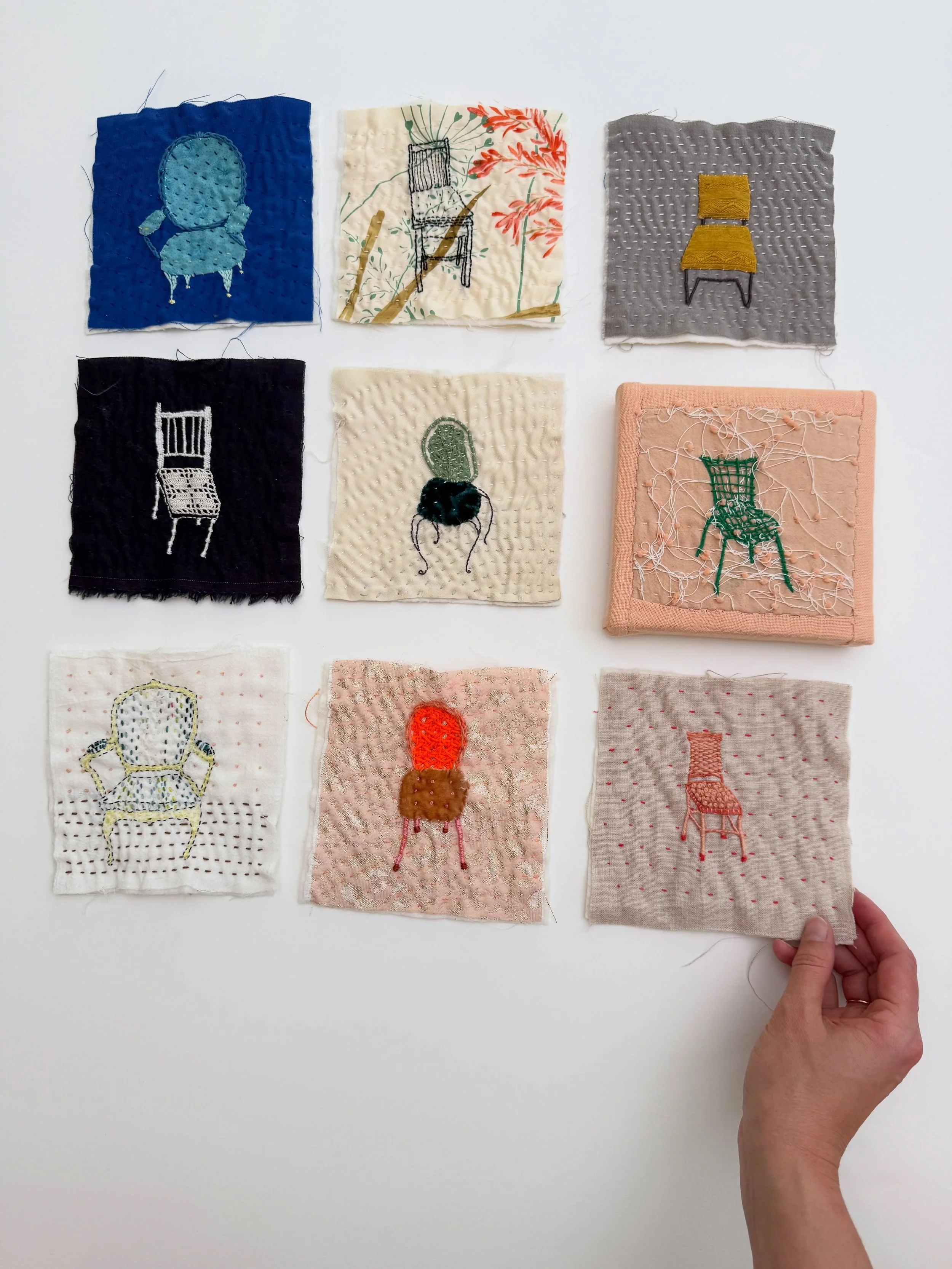 Works in progress! 9 chair portraits in 7 days. These are portable, playful, quick to sew, and a great way to use little bits of lace &amp; ribbon. Join my online class, link in bio. 🪑

#🪑 #chairportraitsbyhand #handsewn #quilt #miniquilt