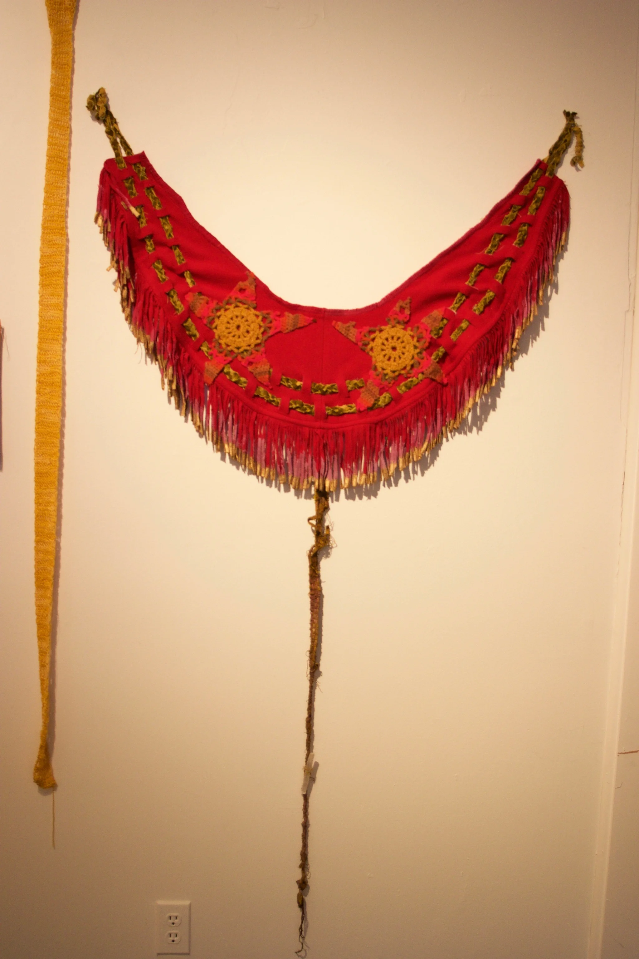 After Patsy , mixed textiles, paint, selenite crystal, approx 3 1/2 x 5 feet
