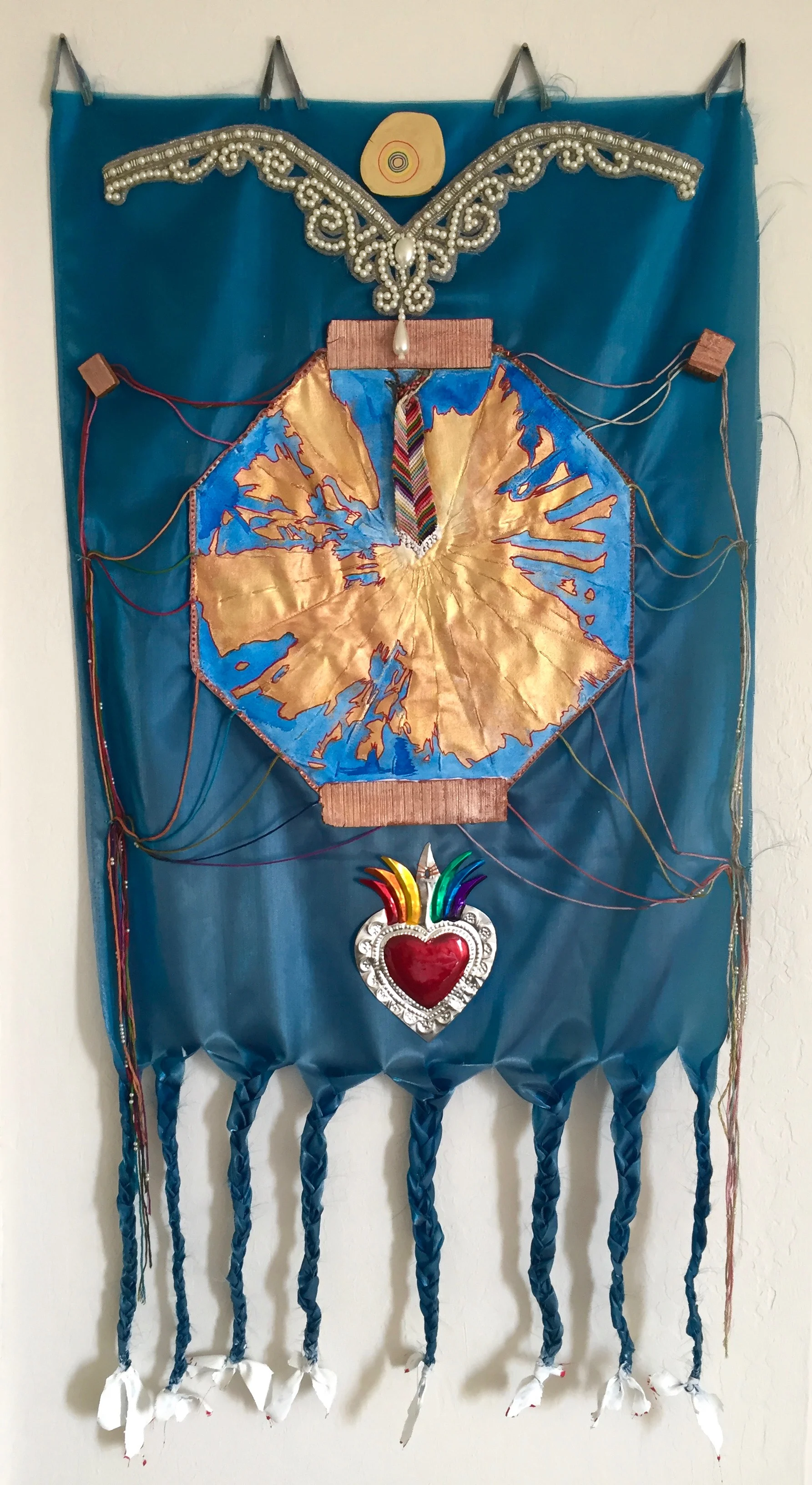 Banner , fabric, velvet, pearl appliqué, pearl beads, wood, found metal heart, embroidery floss, paint, 17 1/2 x 36 inches