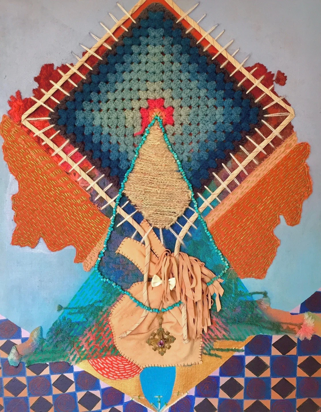 The Ugly Painting , spray paint, acrylic, velvet, leather, yarn, thread, turquoise, antique charm, and quartz crystals on canvas, 22 x 28 inches