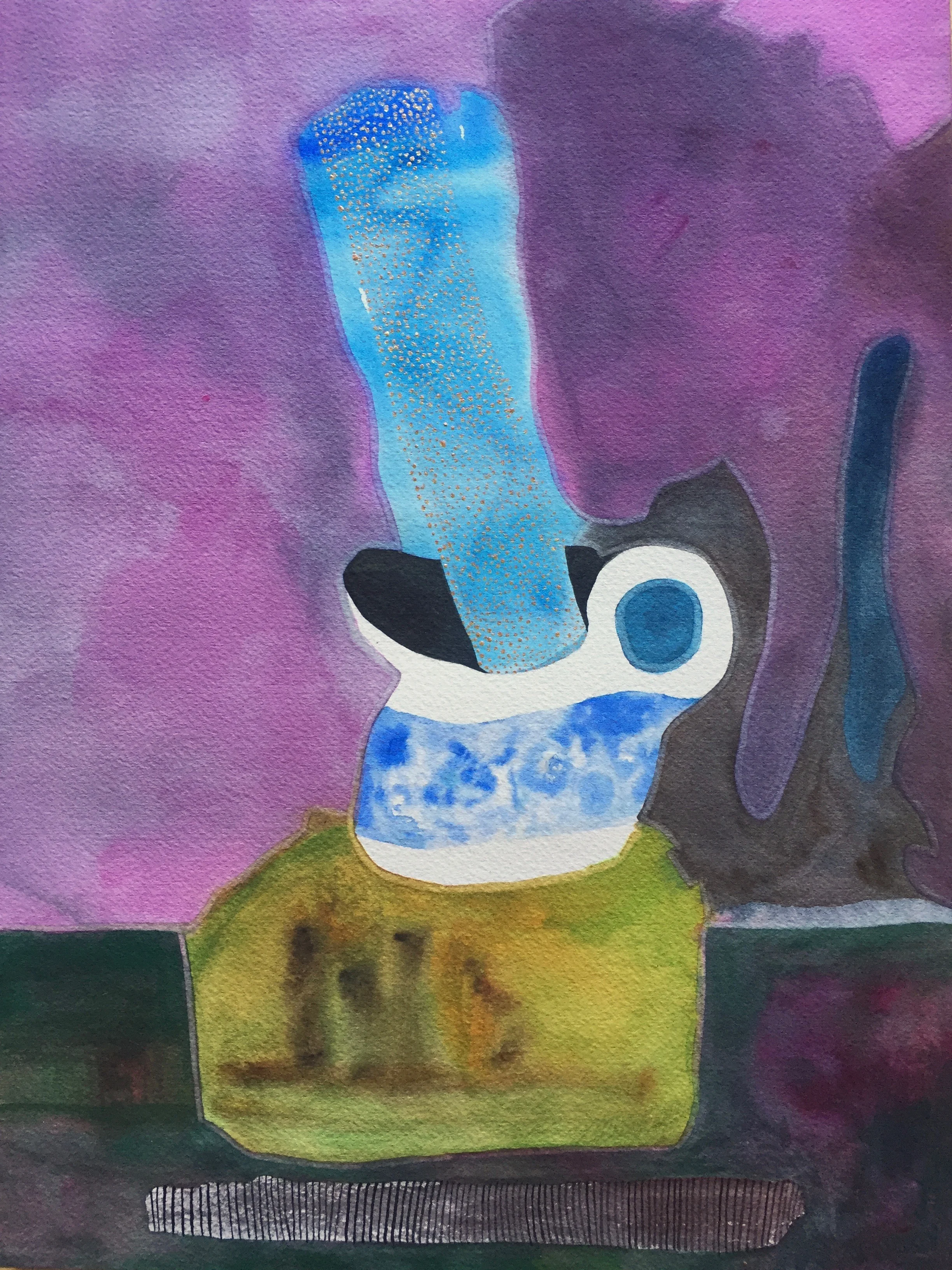 Still Life with Kyanite and Palo Santo, watercolor on paper, 10 x 14 inches
