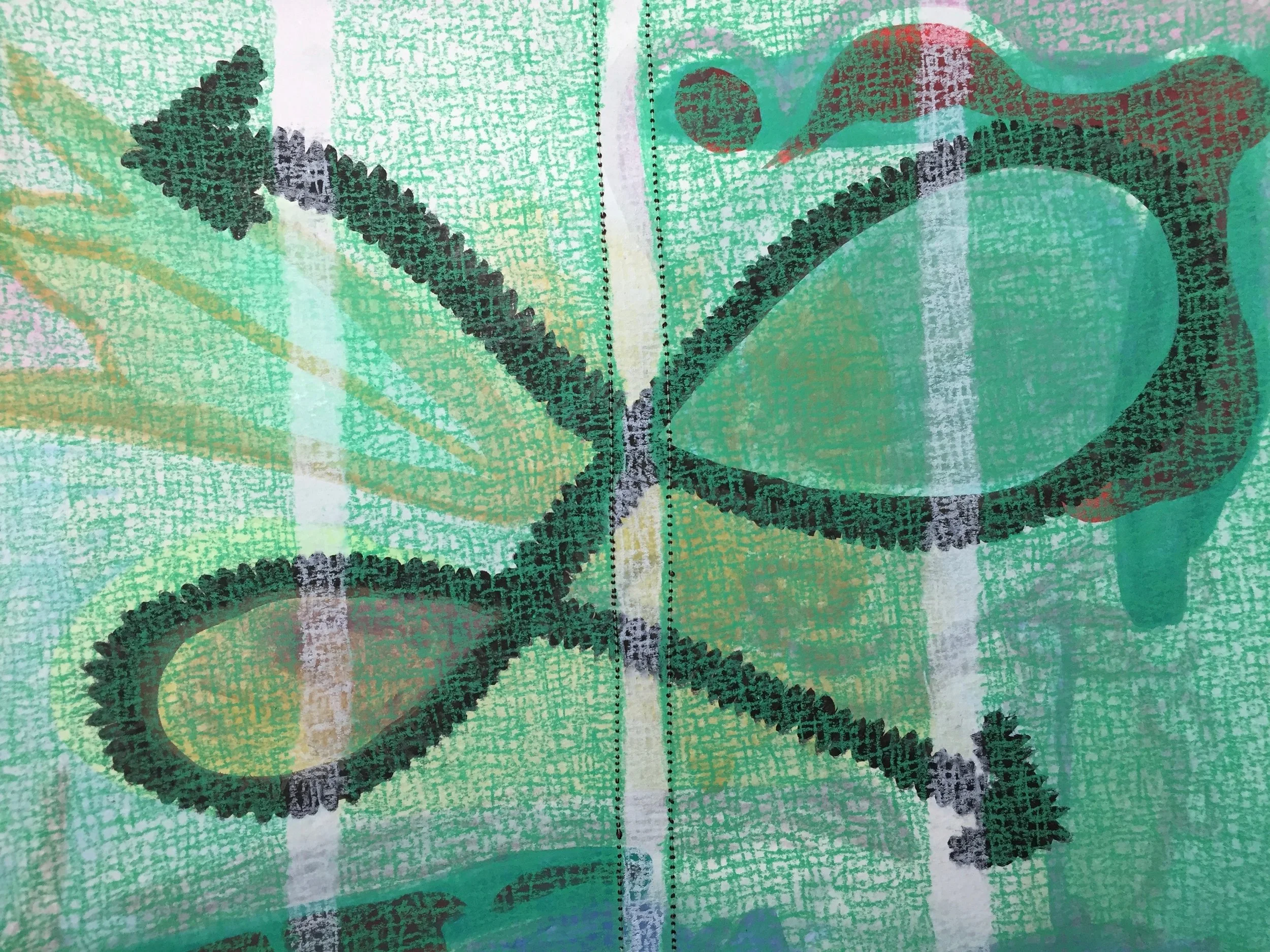 V, watercolor, sewing, and colored pencil on paper, 12 x 9 inches