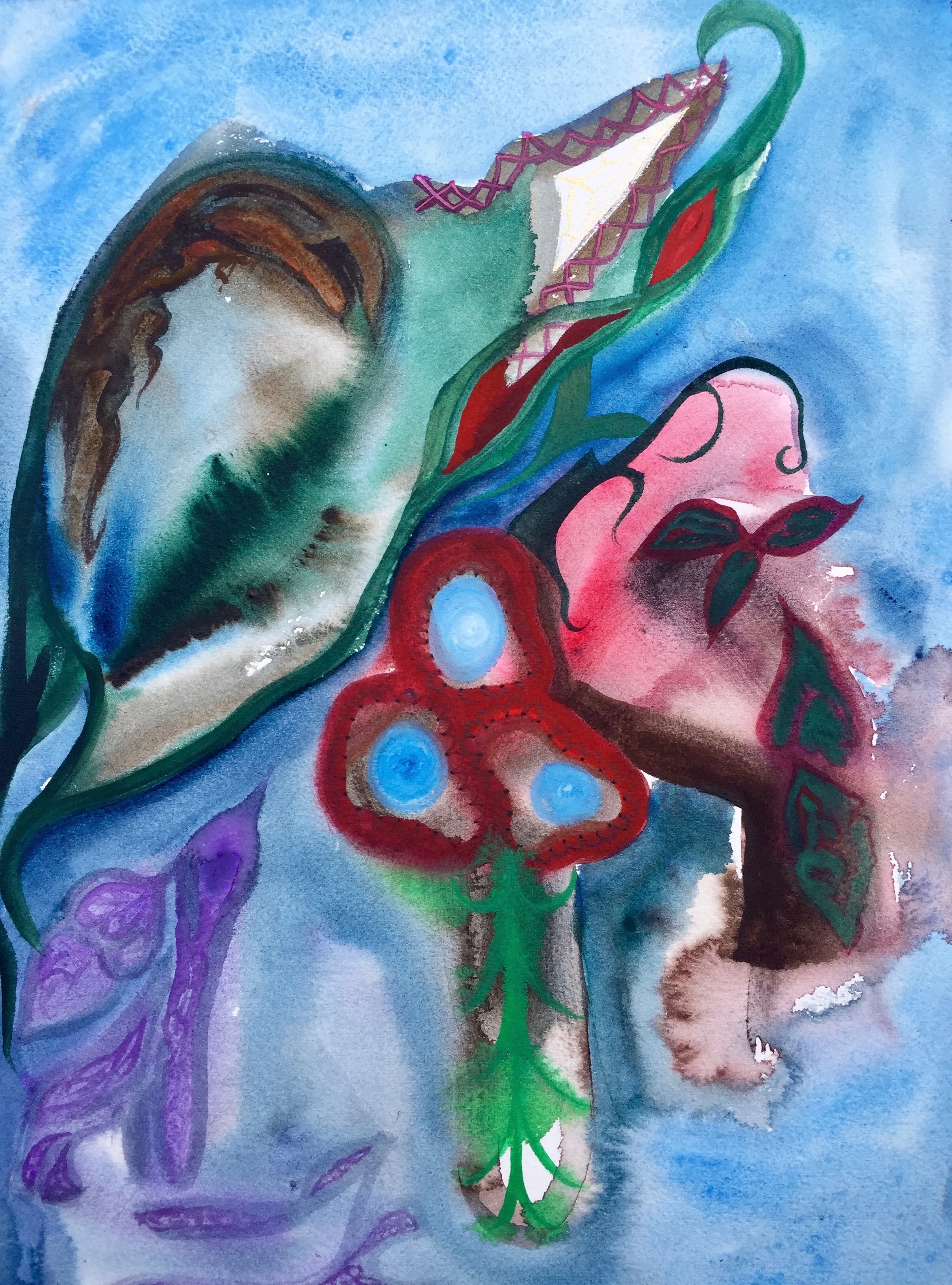 Laura, Felicity, & Willie , watercolor on paper, 10 x 14 inches
