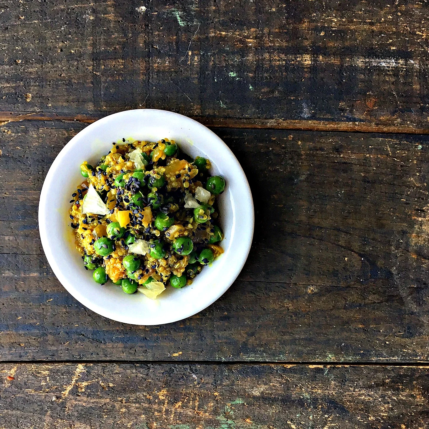 turmeric quinoa, peas, sesame seed, lemon pulp