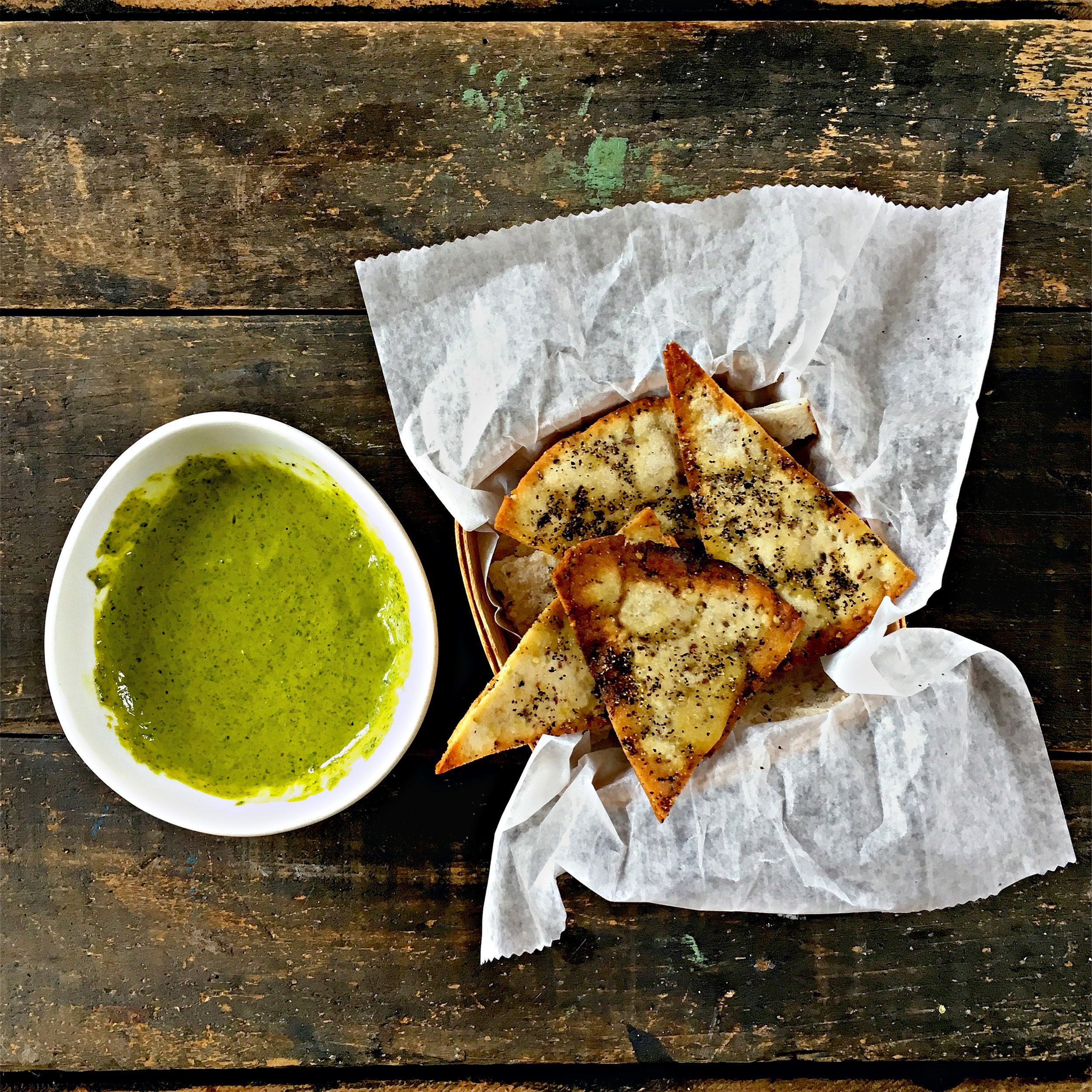 Turmeric Spinach Tahini Dip, Black Pepper Millet Crisps 