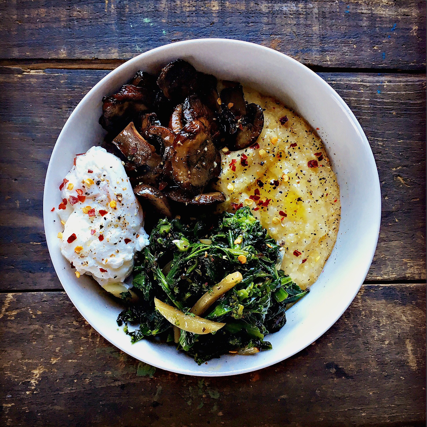 Polenta, Cremini Mushrooms, Broccoli Rabe, Garlic, Poached Egg 