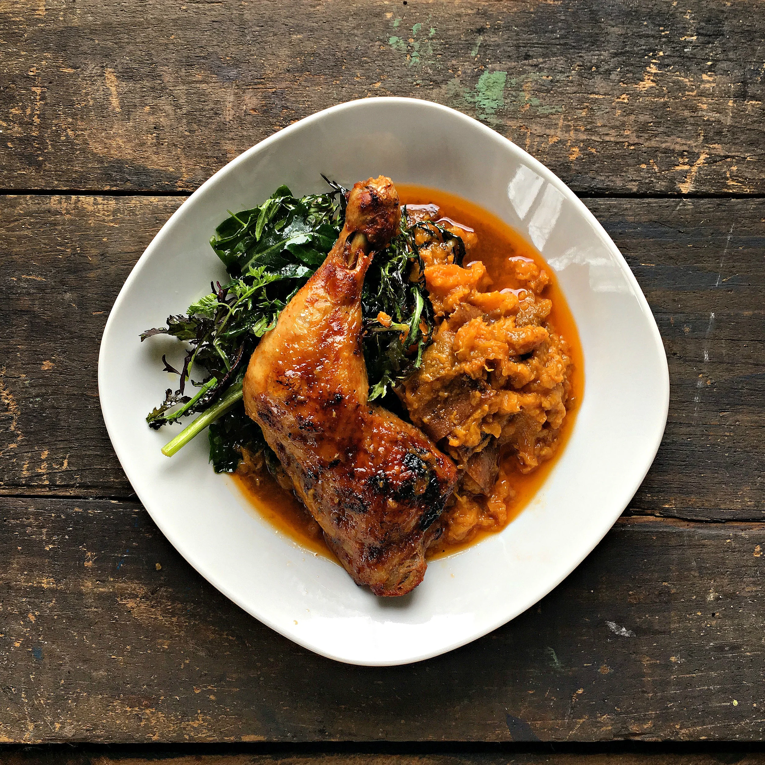 Smoked Paprika Chicken, Sweet Potato Mash, Greens 