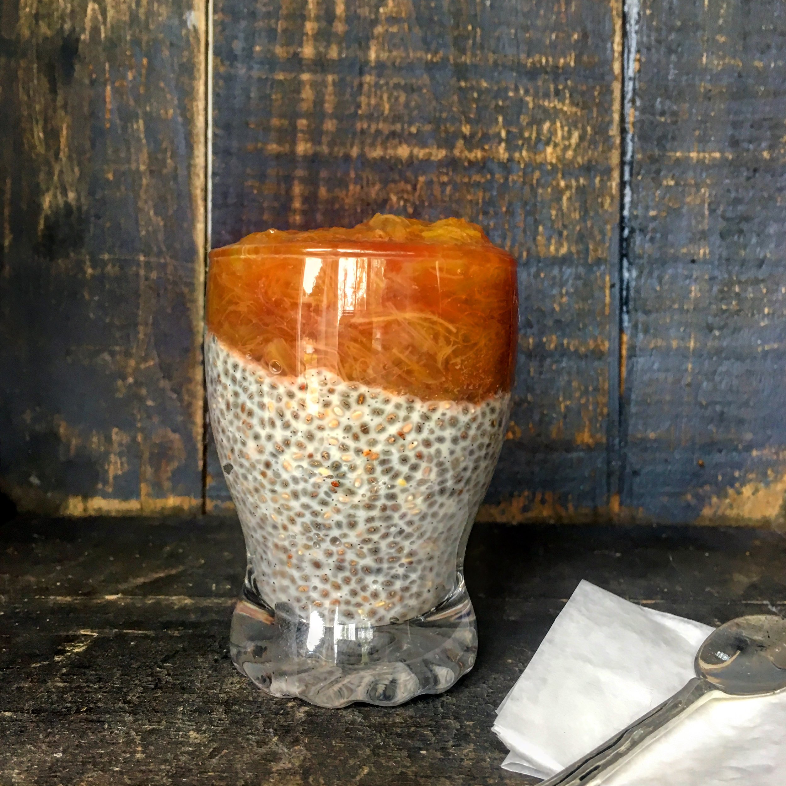 chia pudding, stewed rhubarb 