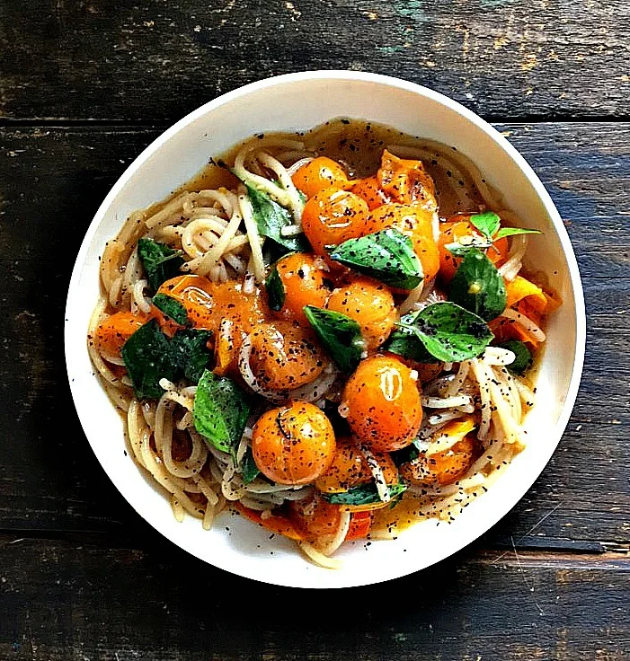 brown rice pasta, local sungold tomatoes, heirloom shallot, miso sauce 