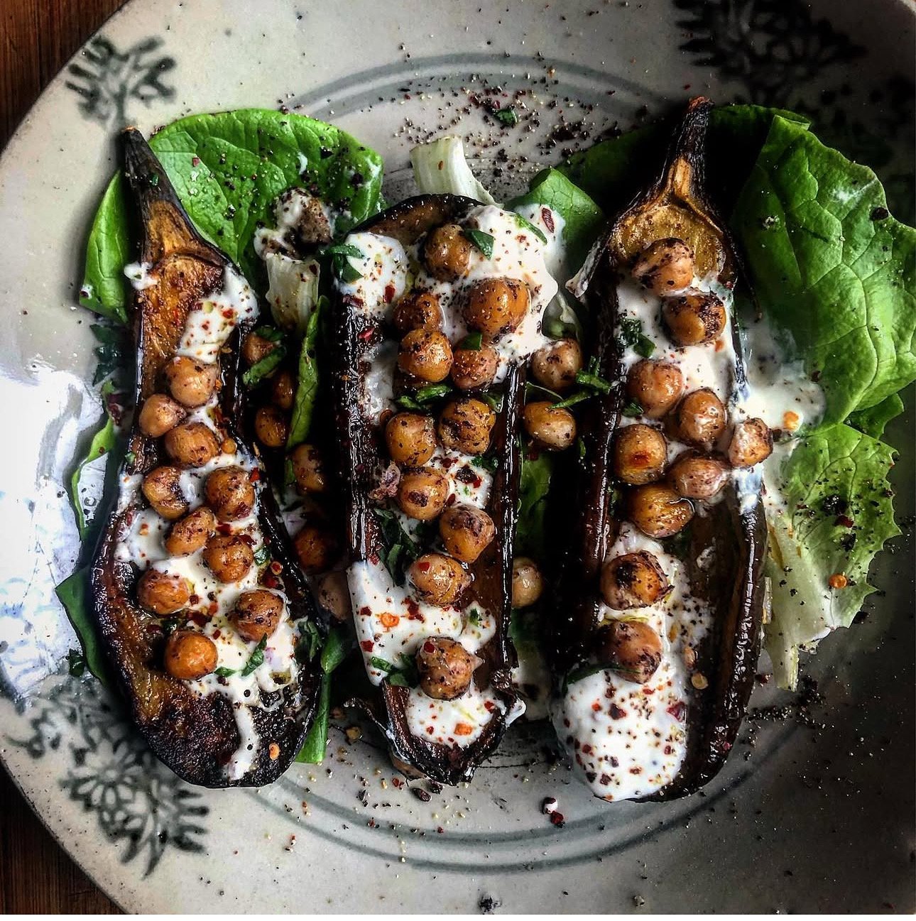 Roasted Eggplant with Yogurt and Crispy Chickpeas 