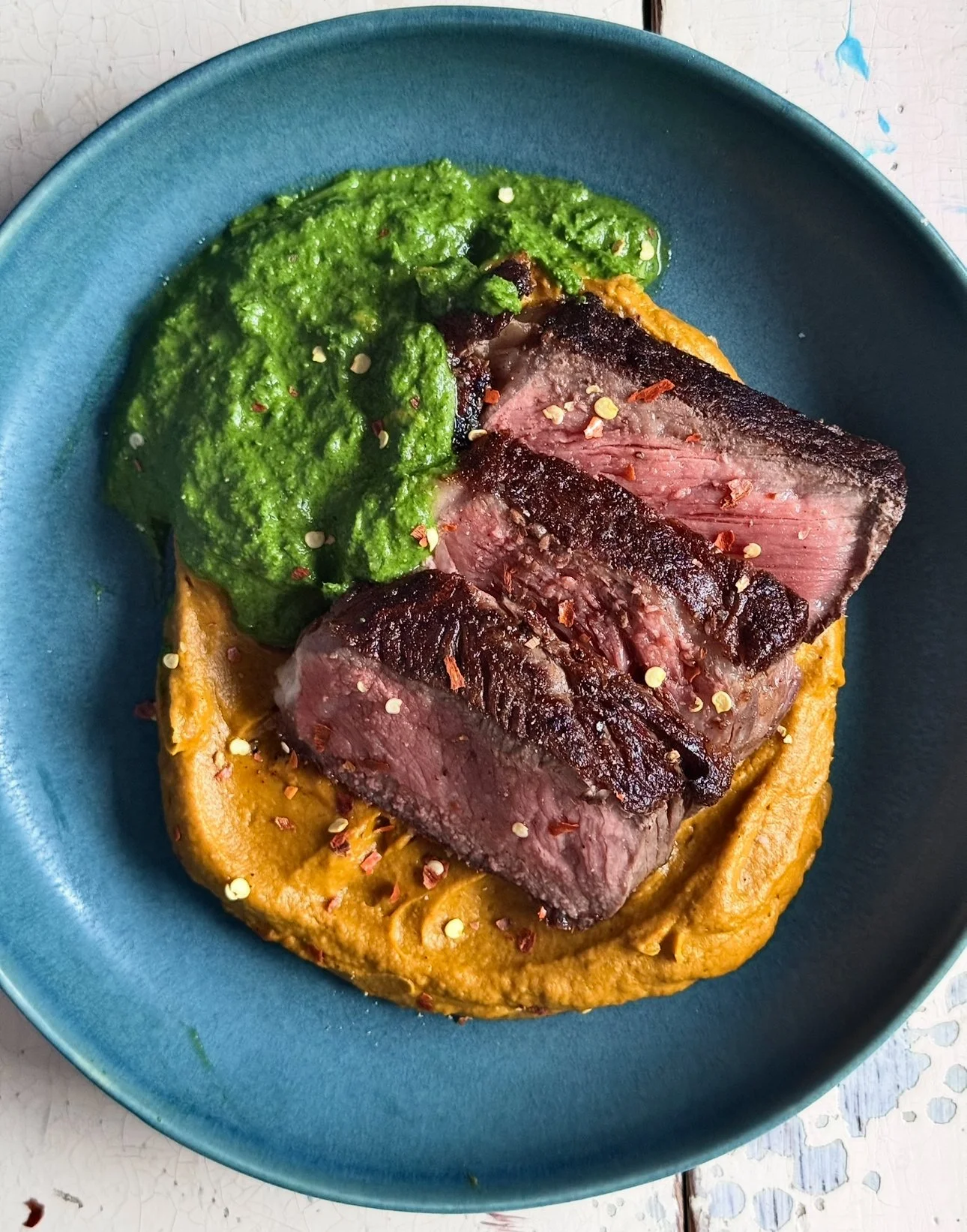Steak with Herb Sauce and Sweet Potato Puree 