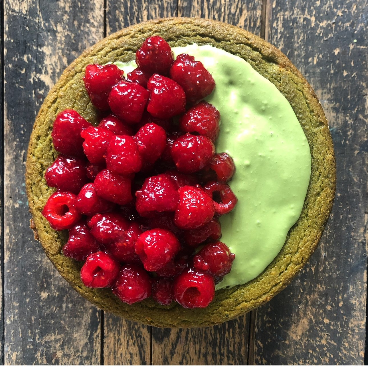 Matcha Almond Cake with Raspberries 