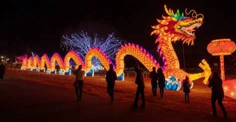 Large illuminated dragon lantern glowing at night during Zoolumination at the Nashville Zoo, with visitors walking nearby.