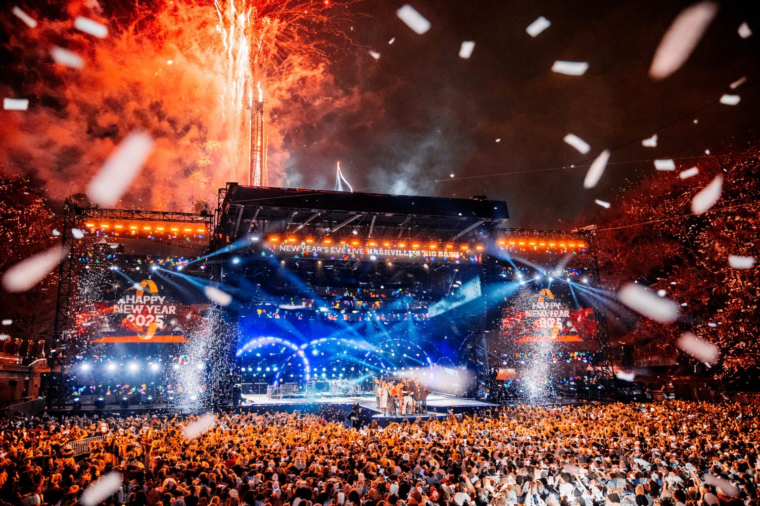 Crowd celebrating New Year’s Eve in downtown Nashville as fireworks explode above an outdoor concert stage, with confetti falling and bright stage lights illuminating the night.