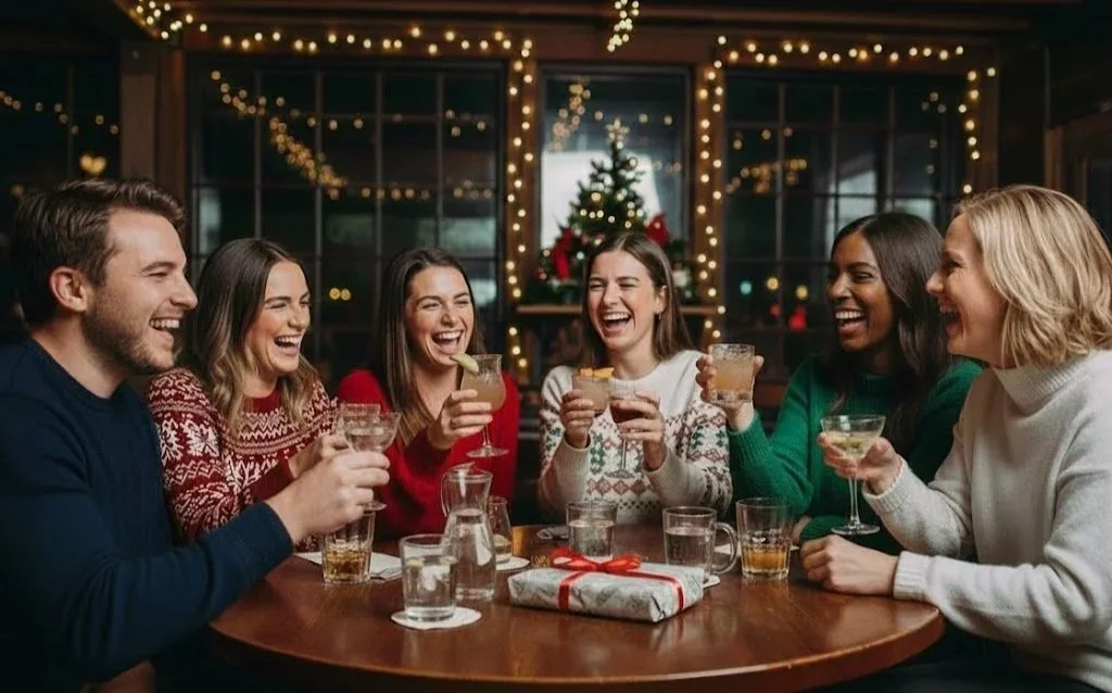 Friends sharing drinks and laughter around a table during a holiday celebration indoors.