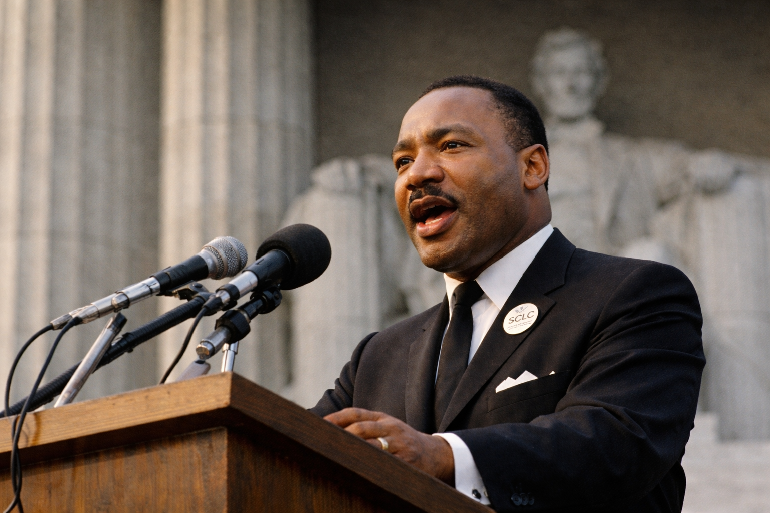 Martin Luther King Jr. speaking at the Lincoln Memorial during the Civil Rights Movement, delivering a powerful speech on equality and justice.