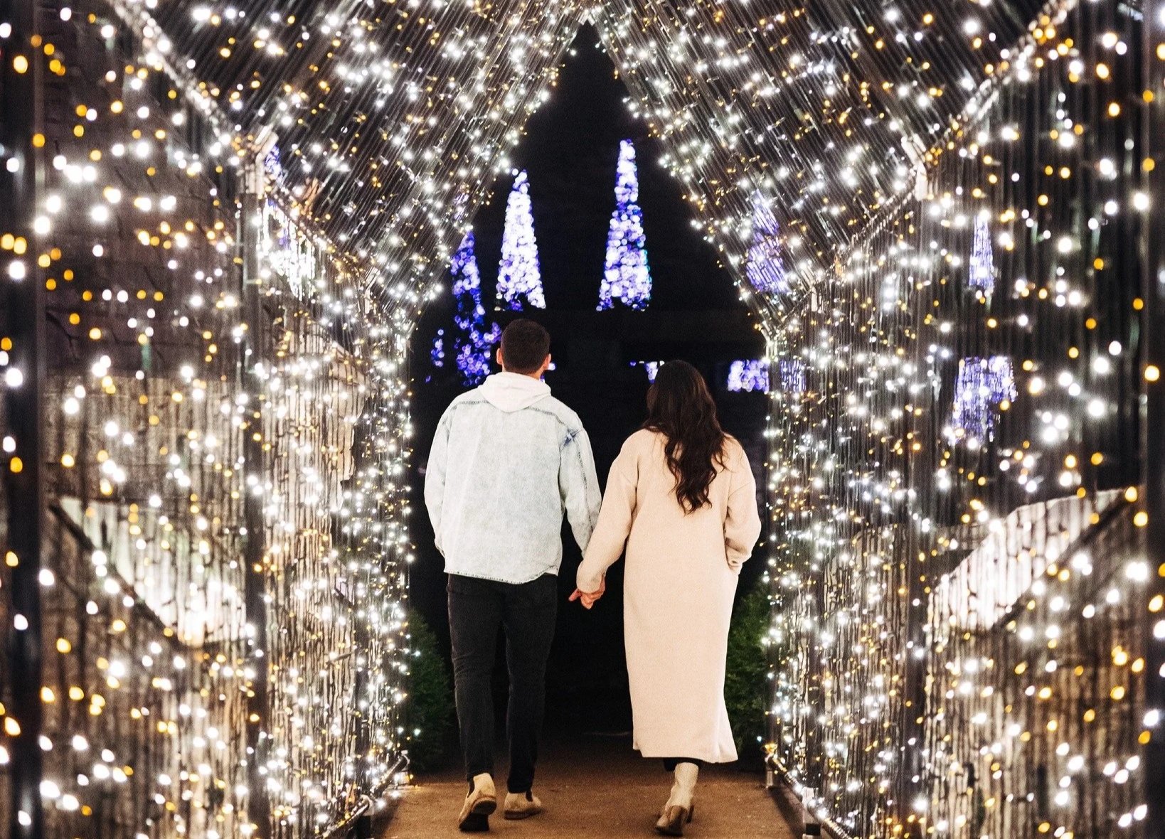 Couple walking hand in hand through a tunnel of twinkling holiday lights during Holiday LIGHTS at Cheekwood Estate and Gardens in Nashville.