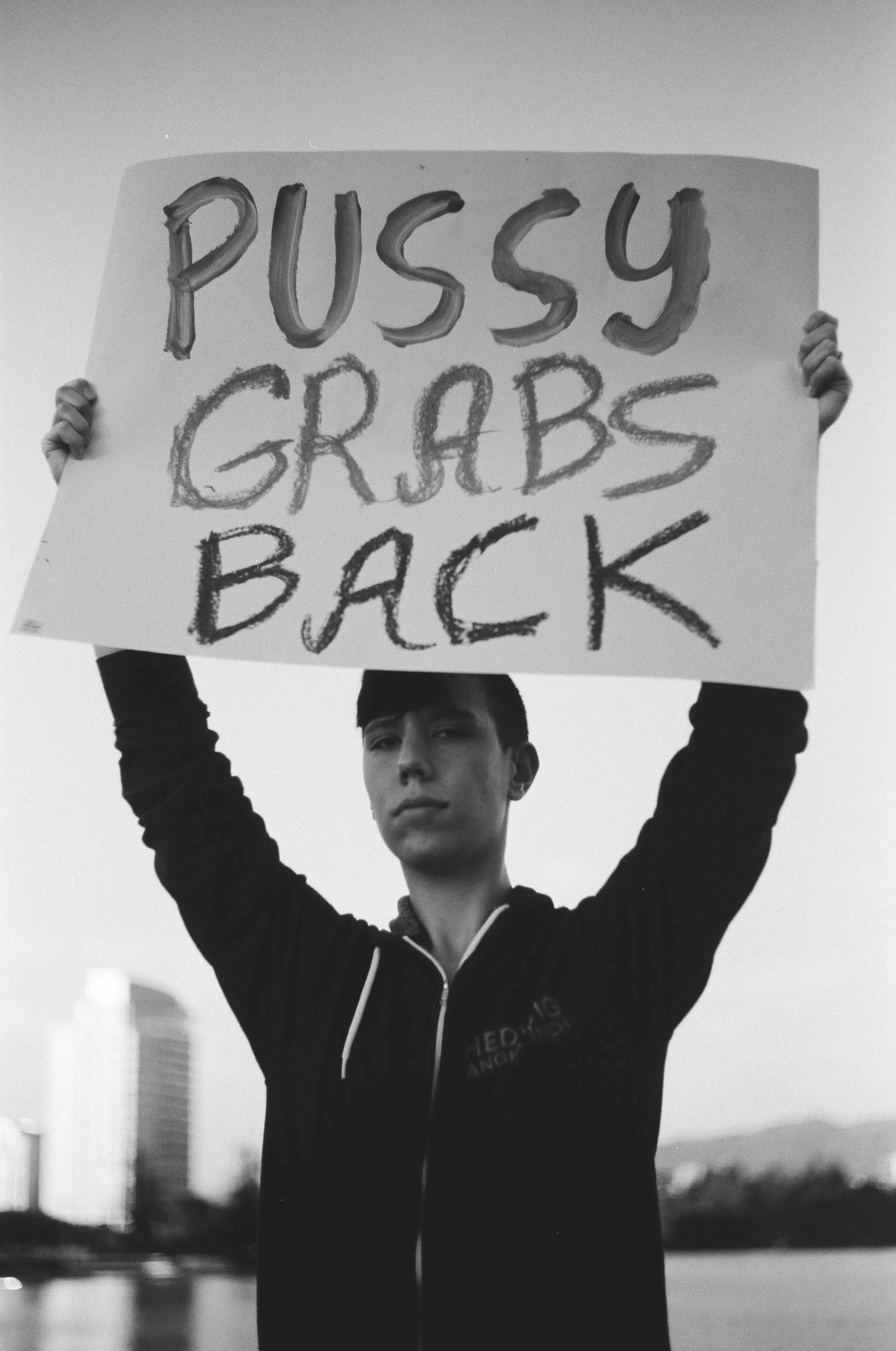 "Pussy grabs back" from the not my president rally, Lake Meredith, Oakland, California, 2016