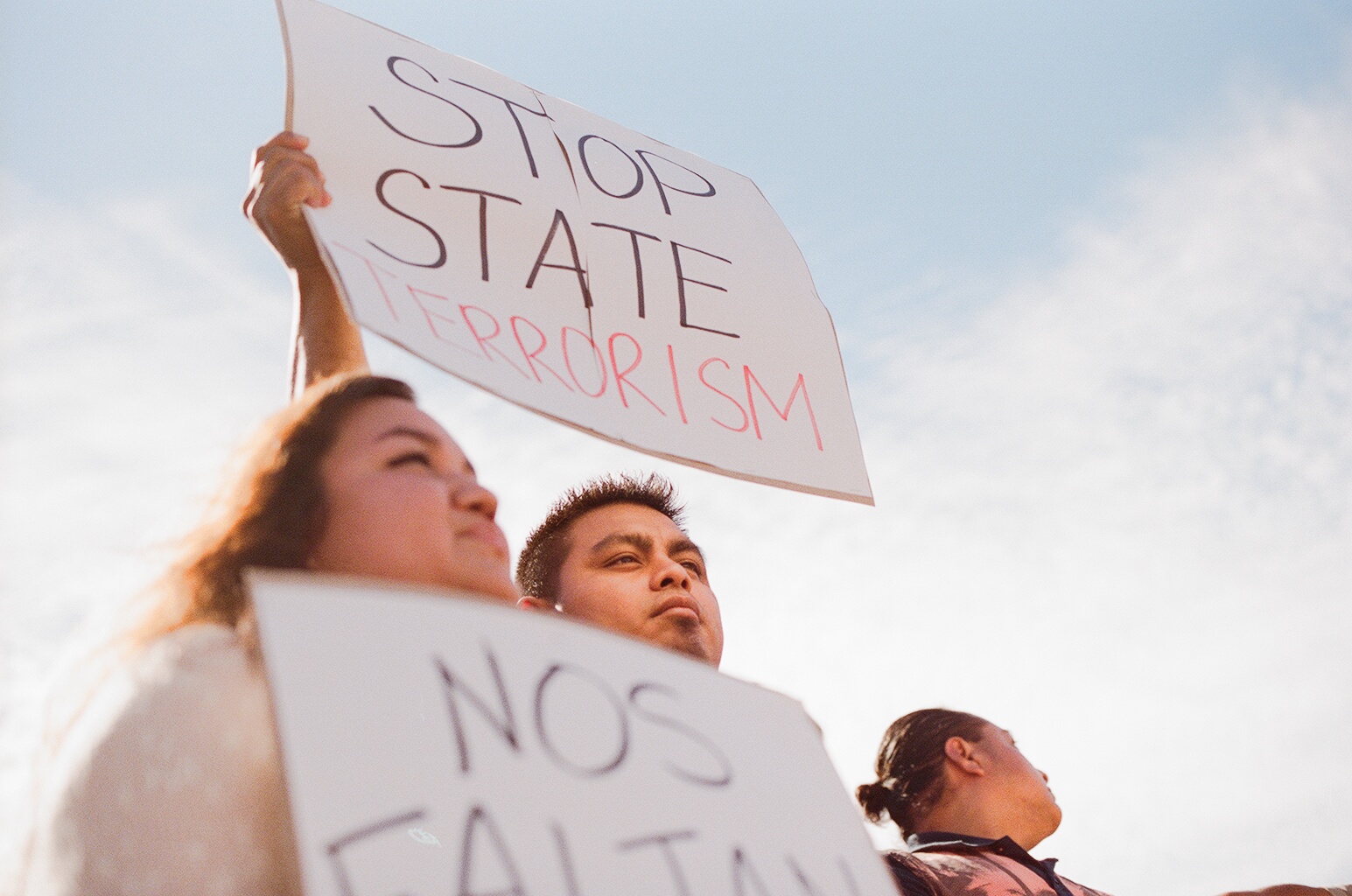  "Stop state Terrorism"&nbsp; during the  Ayotzinapa Caravan for the 43,  San Francisco, California, 2015 