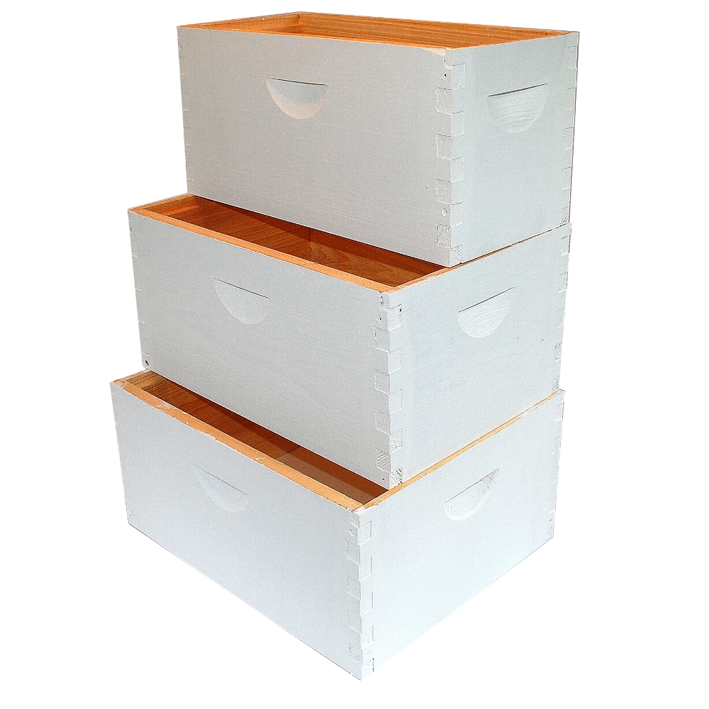 10, 8 and 5 frame deep boxes, painted and stacked