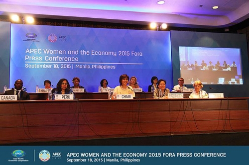 Photo shows Undersecretary Nora K. Terrado (front row, middle) reading the Women and the Economy Statement as the other Heads of Delegation listen in. Image Credit: http://apec2015.ph/