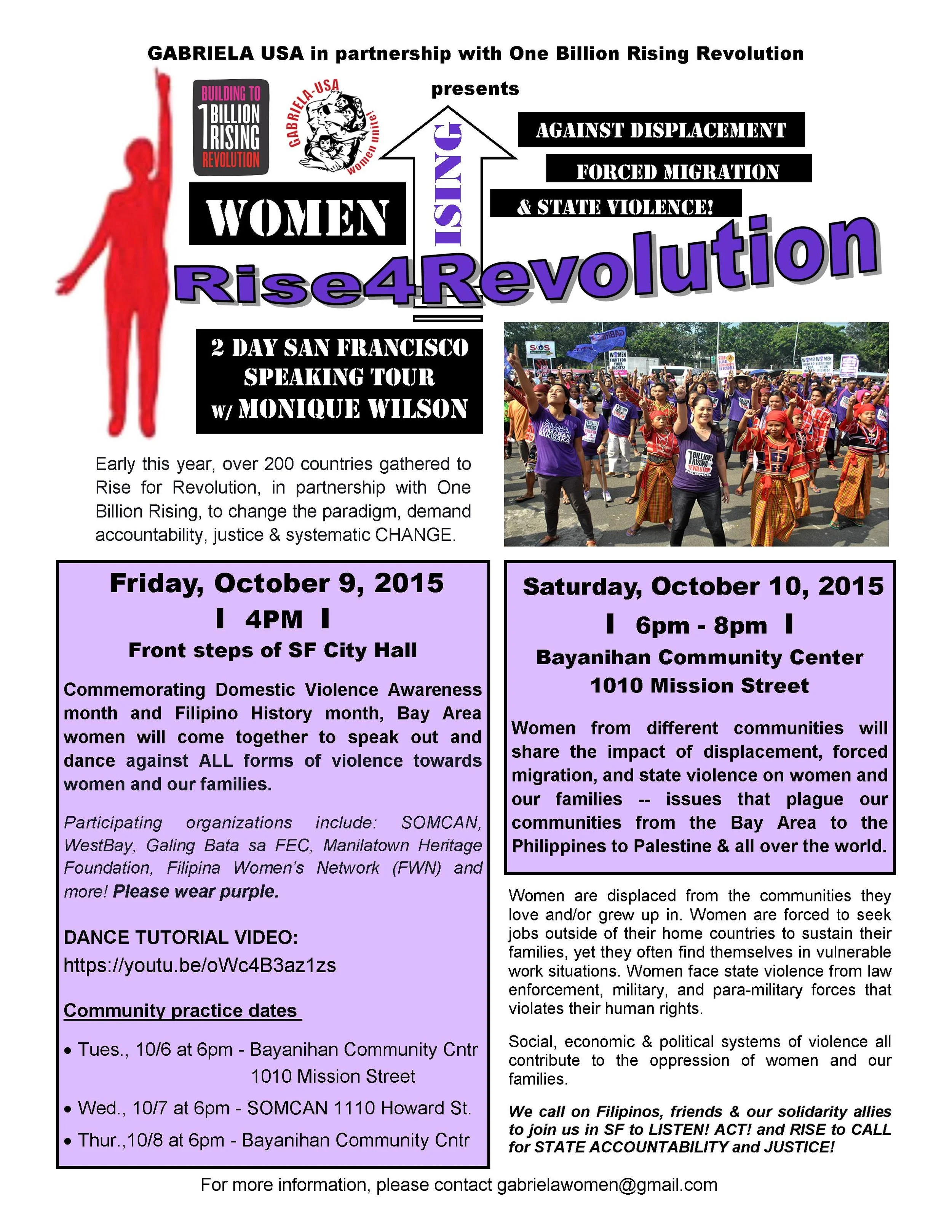 Wear Purple and Join us on Friday Oct 9 @ San Francisco City Hall Steps to Rise Against Displacement, Forced Migration and State Violence with Gabriela USA and Rise4Revolution