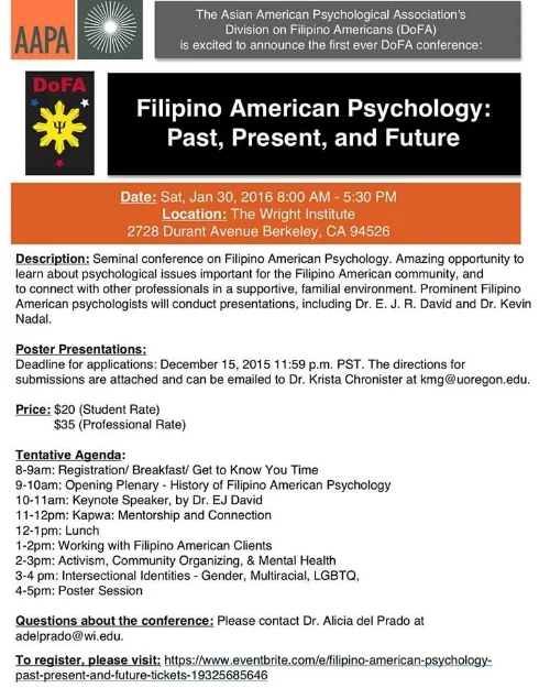 Filipino American Psychology: Past, Present, and Future Conference at Wright Institute in Berkeley, January 30th